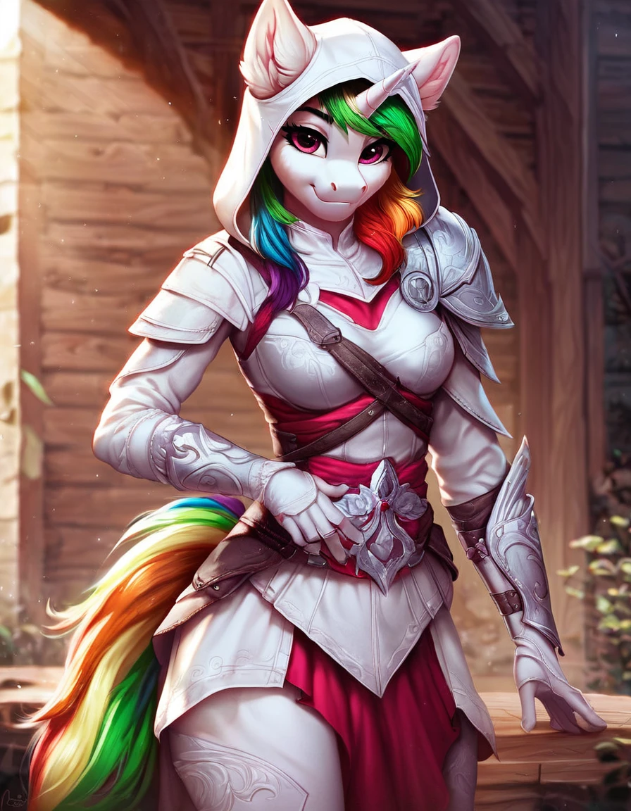 score_9, score_8_up, score_7_up,
unicorn wearing ez1o armor, hood up,
source_furry, female, solo, breasts,  hair, fur, my little pony, outside, smile, equine, fingers, anthro, green hair, looking at viewer, mammal, shaded,  eyelashes, pink eyes, horn, rainbow hair, multicolored hair, eyebrows, hasbro, detailed background, friendship is magic, 5 fingers, white body, iskra, 2021, equid, digital media \(artwork\), 2020, inner ear fluff, handwear, canid
 <lora:ezio:0.8>