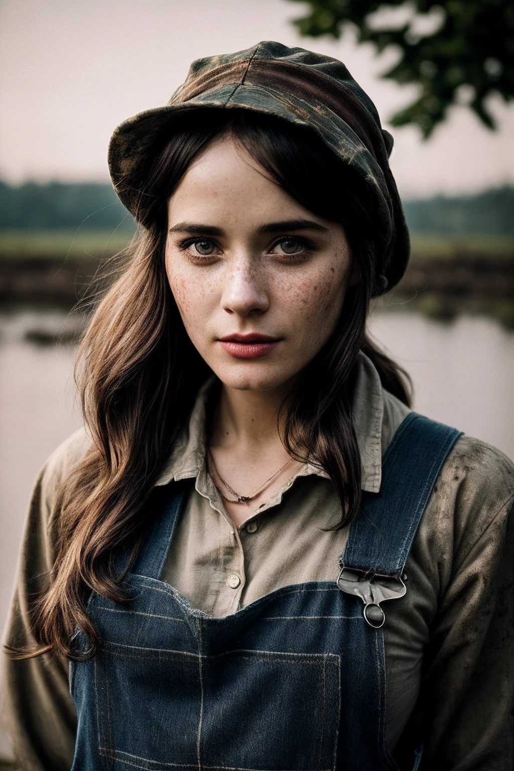 ZooeyD_SoloTI_v1,
(dirty face,freckle:1.3),
(In muddy overalls and a worn flannel shirt, with a bandana around her neck, for a gritty and determined look:1.3),
(A rugged riverside, with panning equipment and piles of dirt, an atmosphere of hard work and hopeful searching:1.4),
(seductive:1.3),(analog, cinematic, film grain, hazy atmosphere, cinematic shot:1.3),
<lora:add_detail:0.6>, PA7_Portrait-MCU,