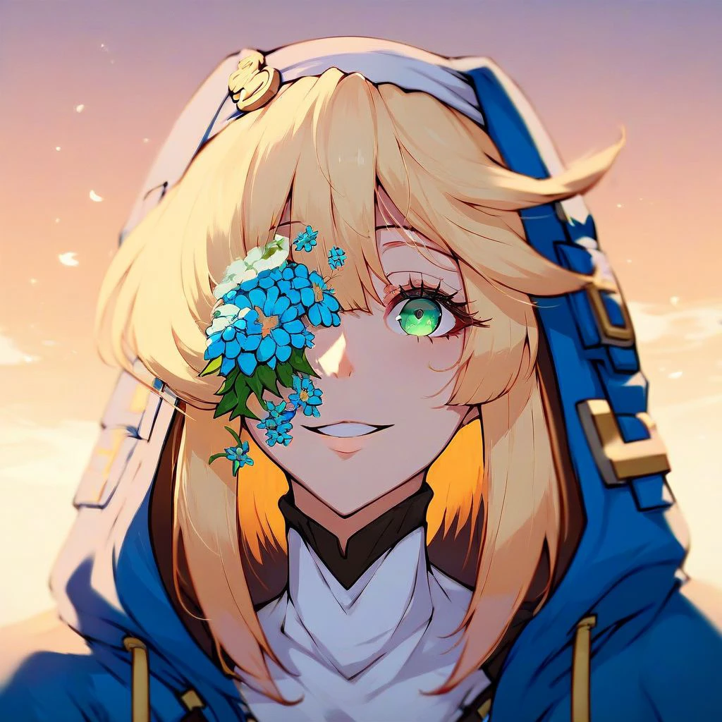 score_9,score_8_up,score_7_up,score_6_up,score_5_up,score_4_up, Flower on eye, one eye covered, solo, bridget/(guilty gear/), smile, outdoors, sunset, blue flower, sidelocks, blonde hair, green eyes, parted lips