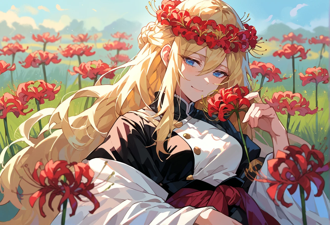 score_9, score_7_up, source_anime, BREAK  <lora:Spiderlily:1> spider lily, holding flower, spider lily flower field, red flower wreath, half-closed eyes, 
black kimono, light smile, 1girl, blue eyes, very long hair, blonde hair, long blonde hair, french braid, bangs, hair between eyes, medium breasts, on back, flower bed,