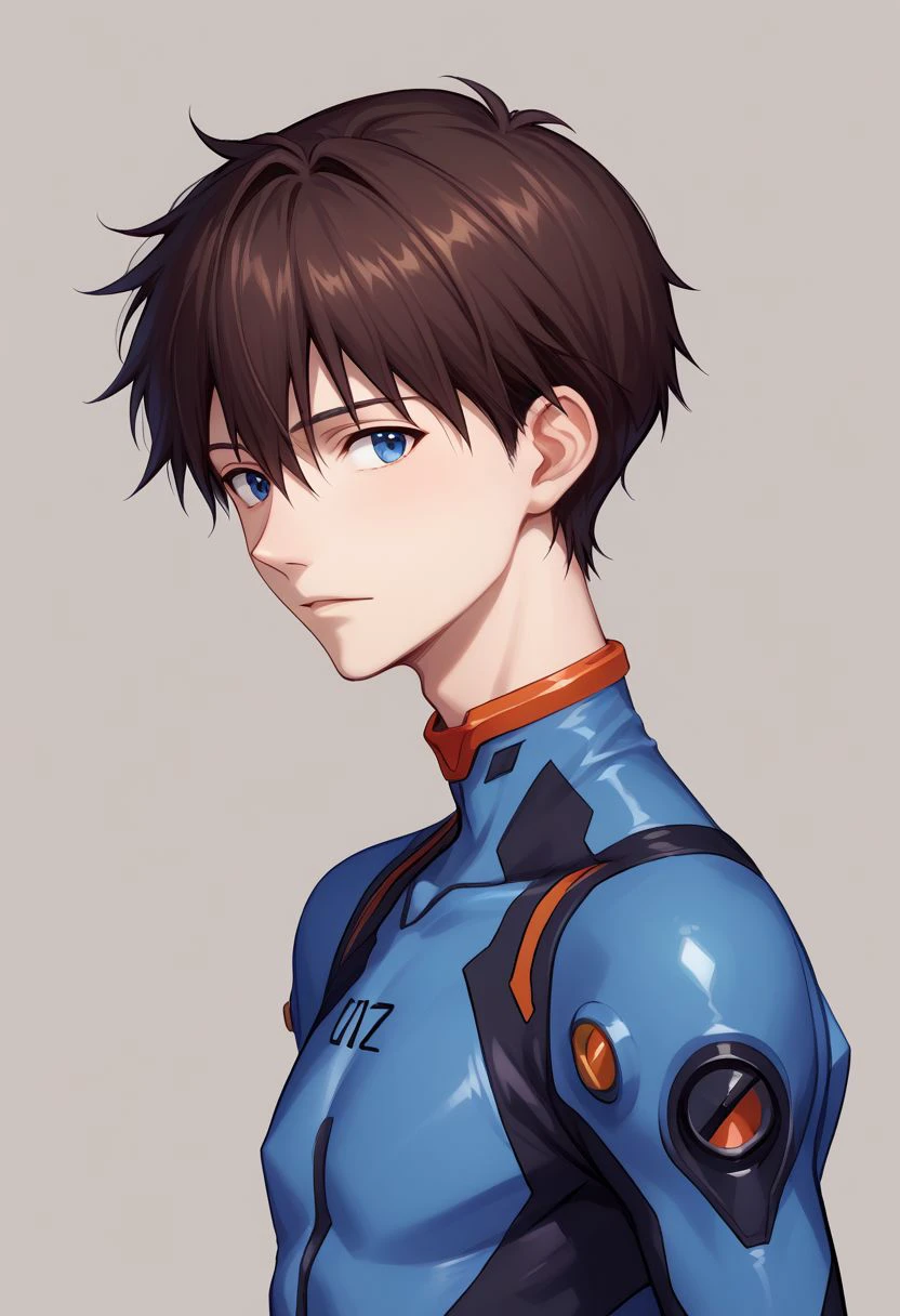 score_9, score_8_up, source_anime, highly detailed, 1boy, solo, male_focus, skinny,
shinji, 1boy, male focus, solo, blue eyes, brown hair, plugsuit, bodysuit, blue bodysuit, black bodysuit,
indoor, upper body,