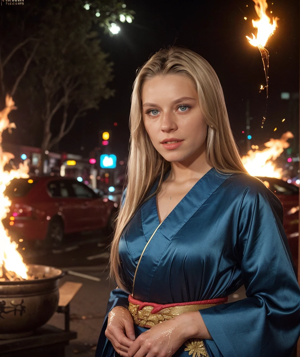 cinematic photo  <lora:quiron_AnnaMarek_v6330_Lora:0.87> annaMarekQuiron, annaMarek, 1girl, blonde hair, blue eyes, lips, looking at viewer,  wearing japanese costume, (night street)  , masterpiece, intricate detail, 1girl, solo, (fire aura), splashing water, shattered earth, wind blow, floating leaf,  . 35mm photograph, film, bokeh, professional, 4k, highly detailed