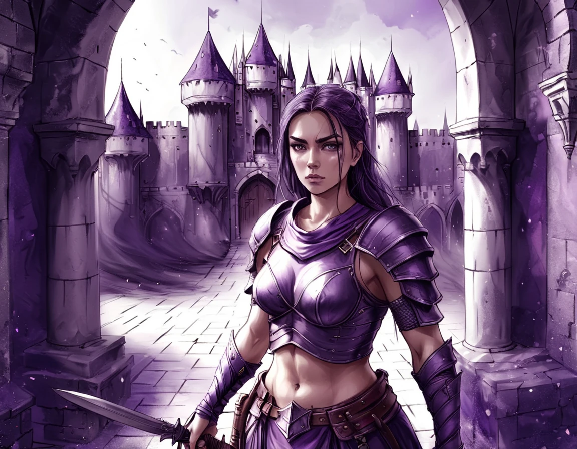 Purple Theme, female warrior inside a castle courtyard