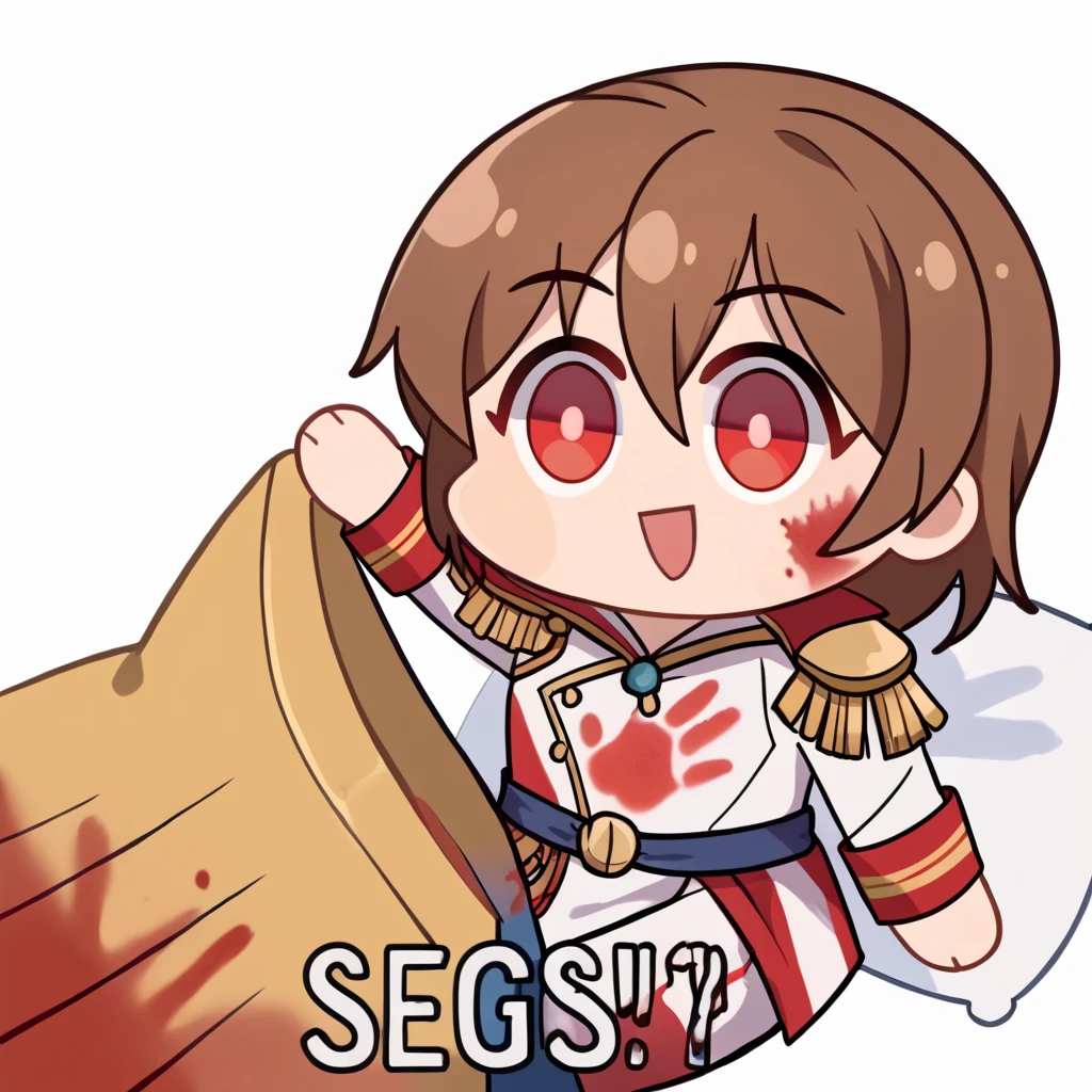 score_9, score_8_up, score_7_up, source_anime, Seggs, chibi, open mouth, smile, english text, <lora:Seggs_XLPD:1.1>,  <lora:Lotarapony:1>,red eyes,brown hair, lotarasarrin,uniform,blood,epaulettes,bloody handprint,pants