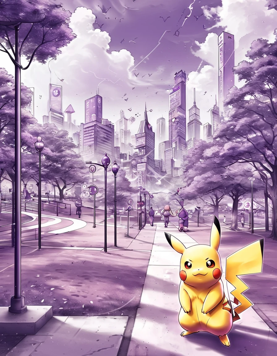 Purple Theme, Pikachu, park, city