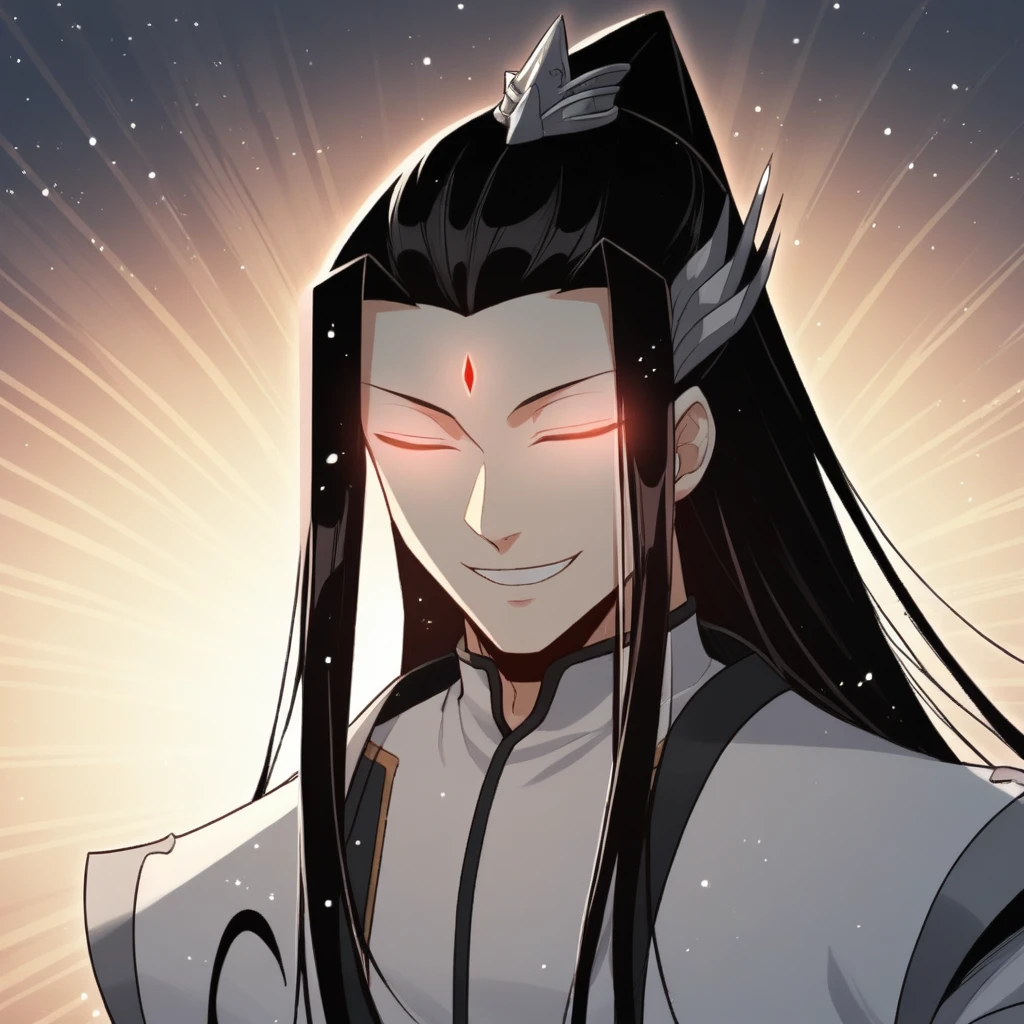 score_9_up, BREAK, Guchangge, 1boy, solo, black hair, long hair, closed eyes, chinese clothes,  <lora:GuChangge_PXL_Leaf1:0.8>, portrait, evil smile, glowing eyes, dark light particles,