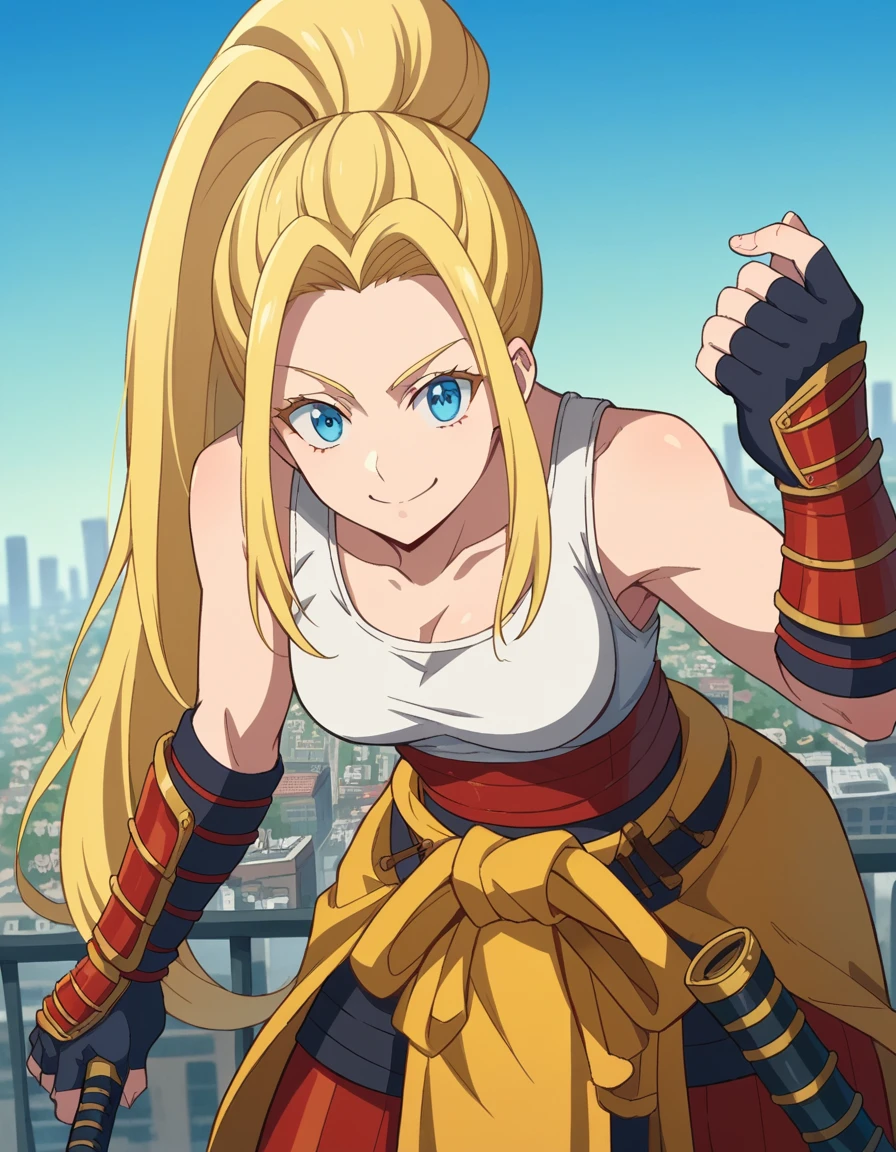 score_9, score_8_up, score_7_up, source_anime,
beatrixamerhauser, <lora:beatrix-amerhauser-s1-ponysdxl-lora-nochekaiser:1>,
beatrix amerhauser, long hair, blue eyes, blonde hair, gloves, ponytail,
gloves, fingerless gloves, armor, japanese armor, tank top, white tank top,
outdoors, cityscape, bent over, smile,
looking at viewer, cowboy shot, dutch angle, solo,