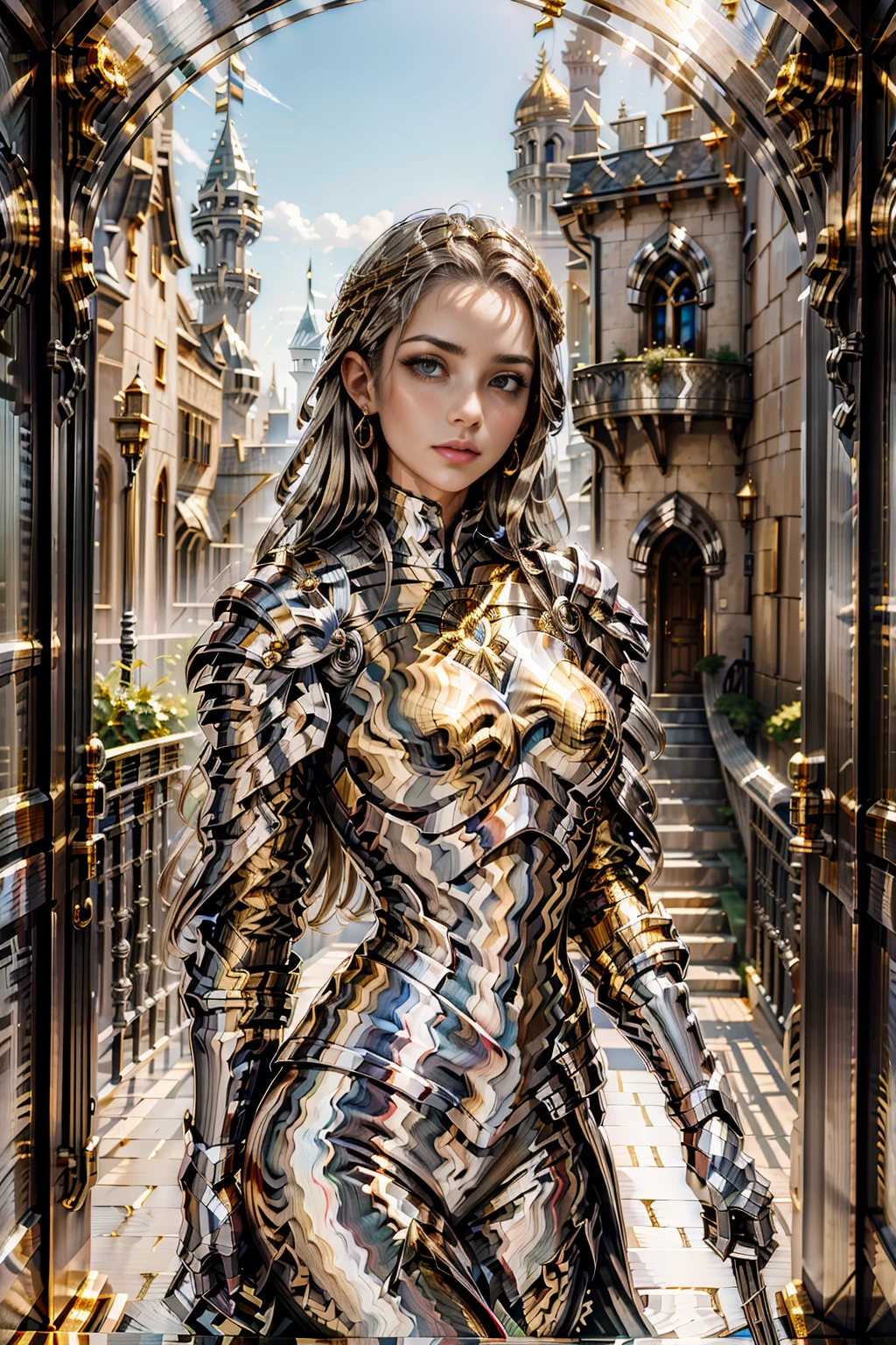 <lora:GoldStainlessSteelWorld:1> (GoldStainlessSteelWorld:1.1) 1woman   in The legendary castleAnd court of KingArthur  full of chivalryAnd magic.