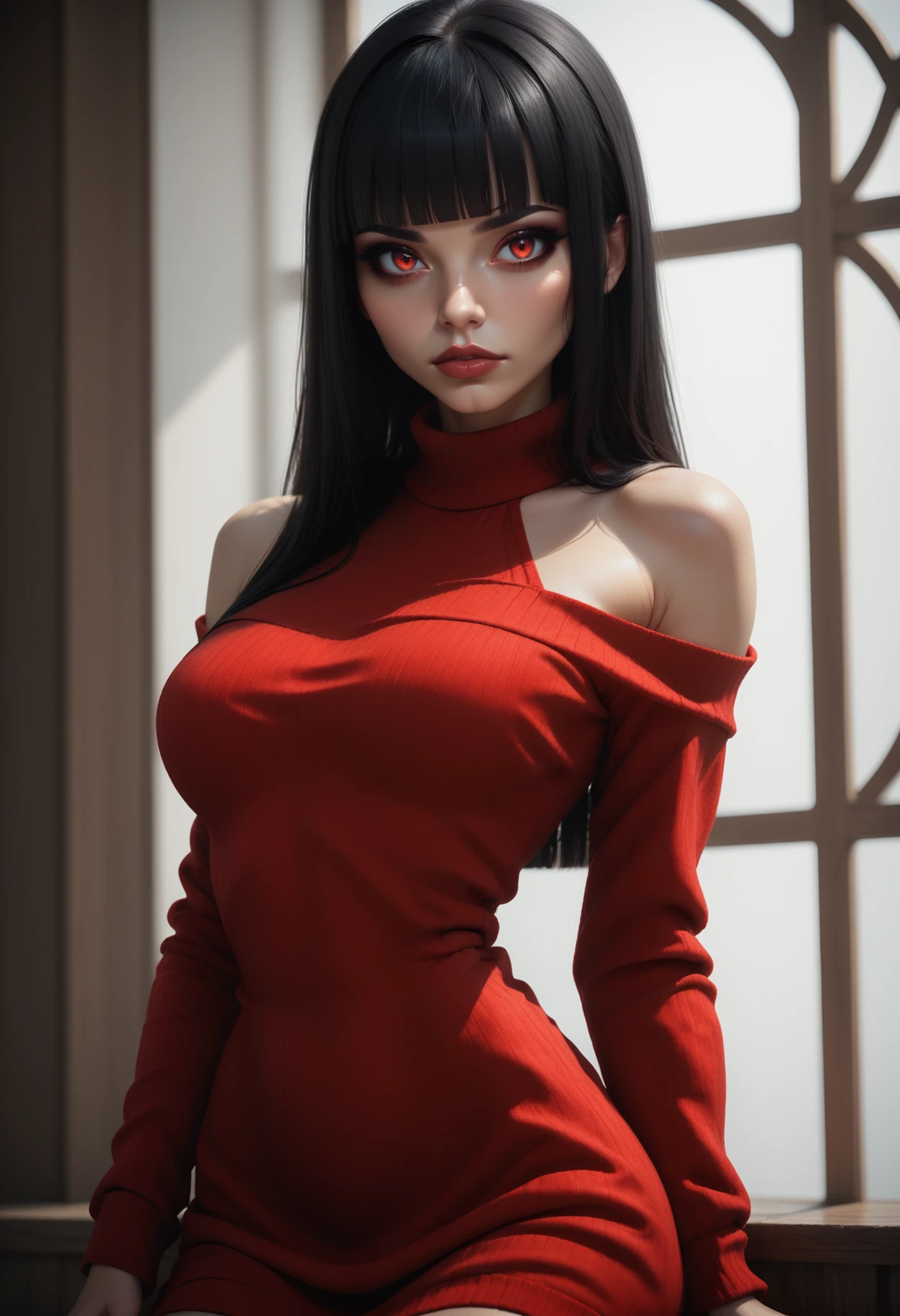 score_9, score_8_up, score_7_up, 1girl, solo, sexy sweater dress, red dress, long sleeves, bare shoulders, <lora:Dark_Ruby_Pony_v0.2:0.5> d4rk_ru8y, black hair, blunt bangs, red eyes,