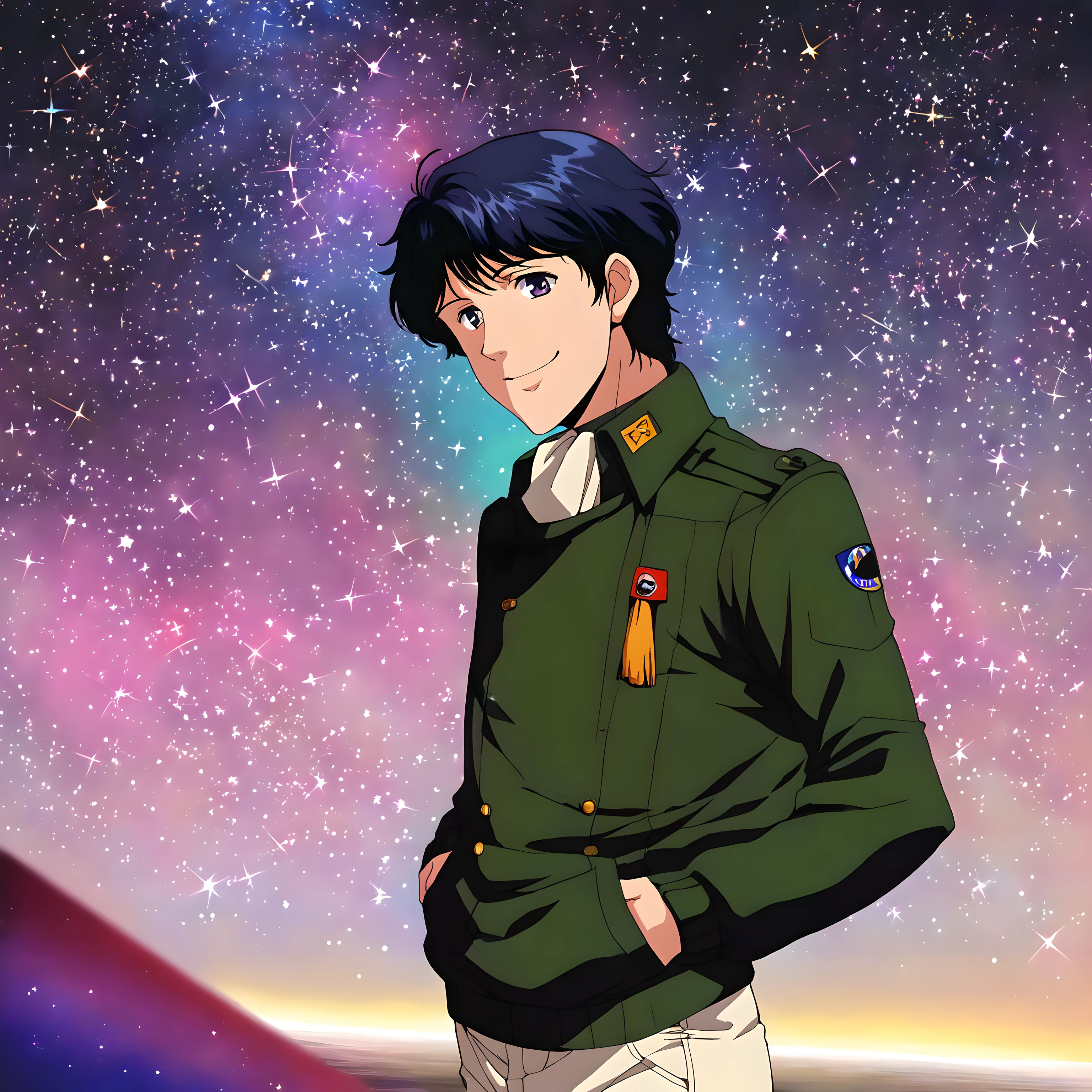 <lora:pony_xl_Yang>,Yang,score_6,score_7_up,source_anime,(1male:1.2),(male:1.2),solo,male focus,ascot,military,green jacket,military uniform,white pants,pants pockets,hands in pockets,star \(sky\),space,hyper_galaxy,full_shot,smile,standing,stars,landscape,starry_background,black_background,sparkle_background,front view,cowboy_shot,no ground,