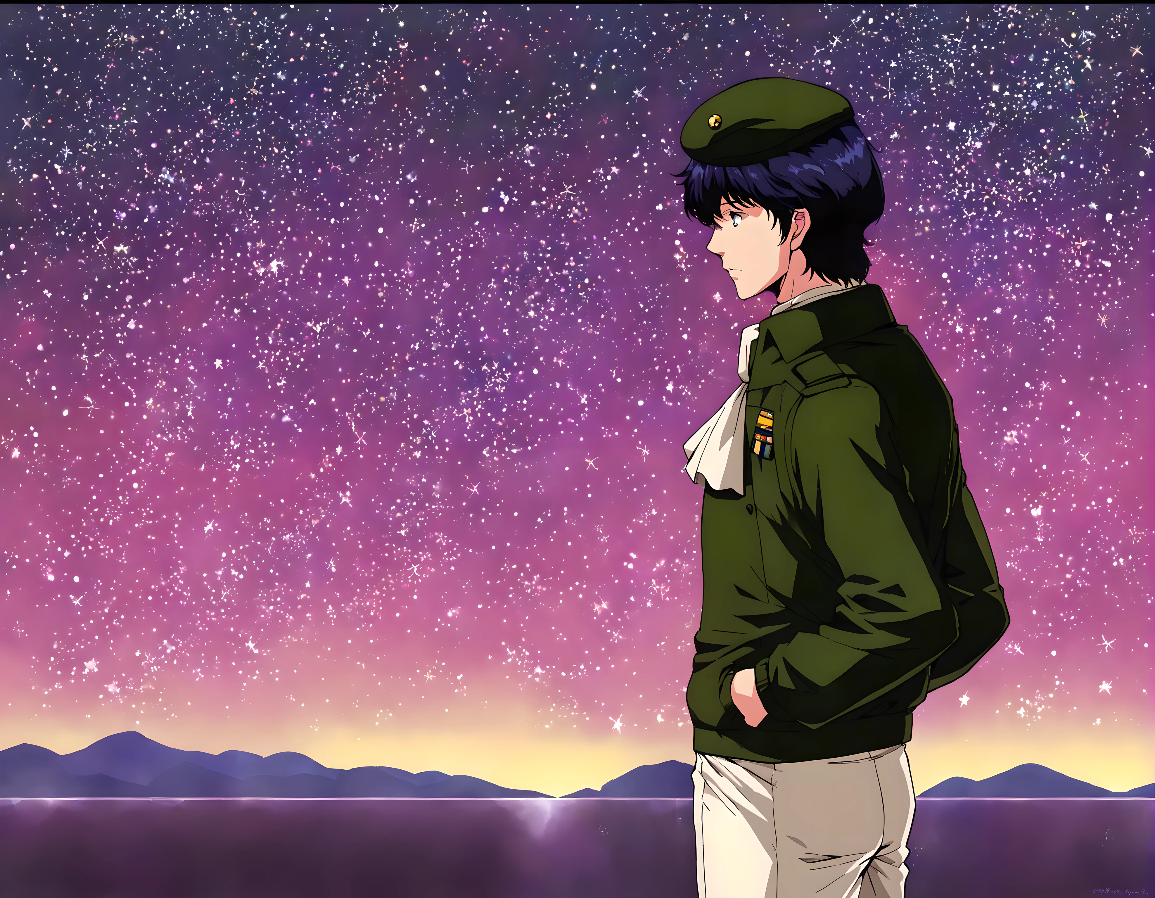 <lora:pony_xl_Yang>,Yang,score_6,score_7_up,source_anime,1male,male,solo,male focus,green beret,ascot,military,green jacket,military uniform,white pants,black footwear,pants pockets,hands in pockets,star \(sky\),space,hyper_galaxy,focus,full_shot,shaded_face,standing,stars,landscape,starry_background,black_background,sparkle_background,from_side,cowboy_shot,no ground,