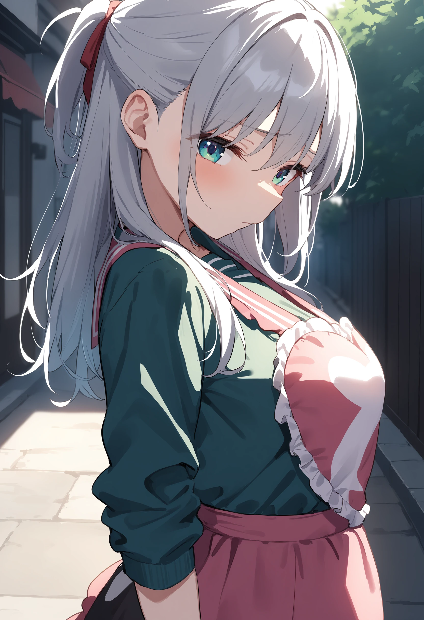 1girl,sincos, ningen mame, toosaka asagi,solo,medium breasts,school uniform,
heart apron,apron, frills, frilled apron, <lora:heartapron_XL_v1:0.6>
from side, upper body, looking to the side, silver hair, green eyes,naughty, narrow dirty alleyway, closed mouth, half updo hair,,
best quality, very aesthetic, absurdres