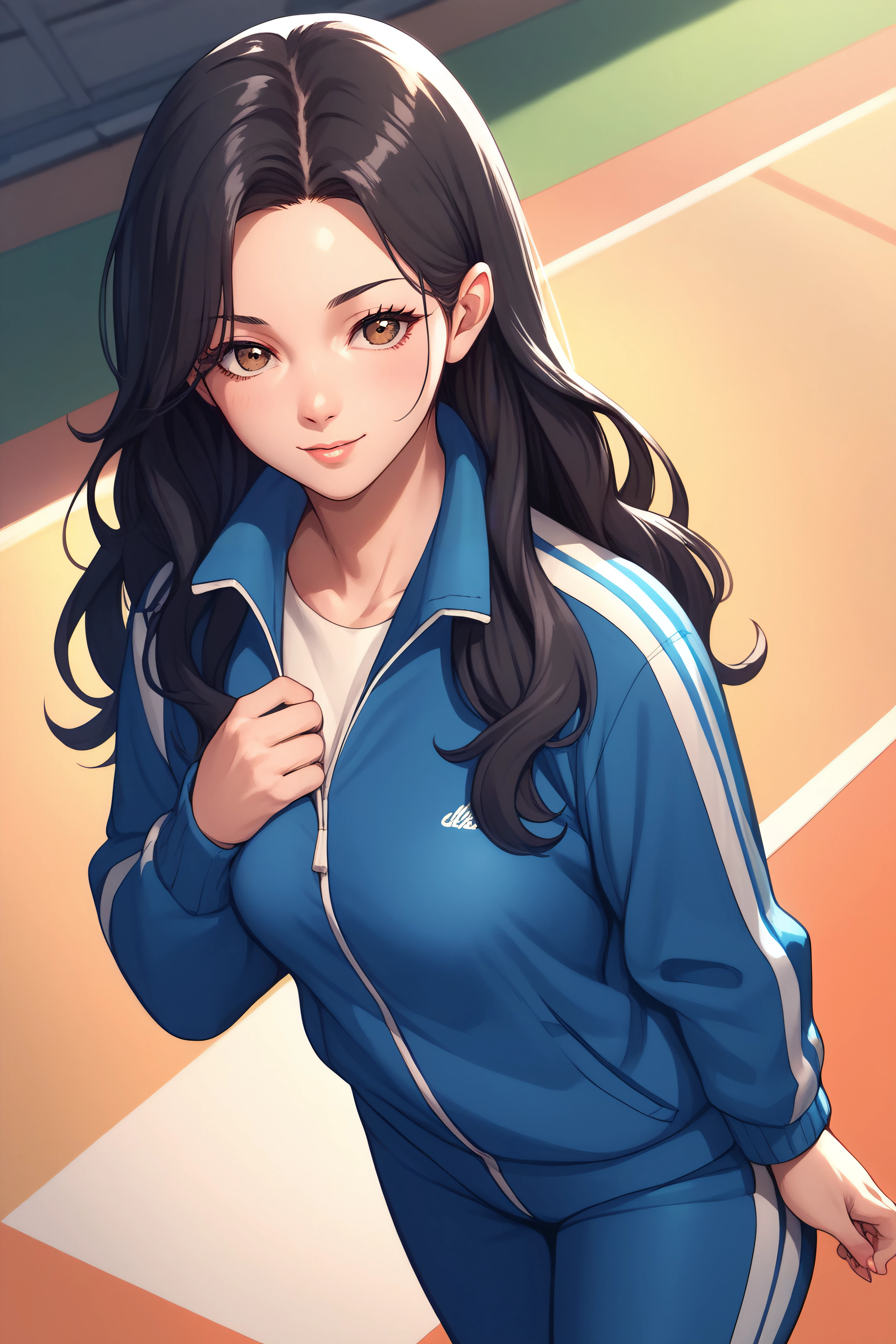 score_9, score_8_up, score_7_up, source_anime, <lora:Geum-Ok Yeon-PonyXL-lora-Faxtron:0.8> geum-ok yeon, brown eyes, black hair, long hair, medium breasts, track jacket, track pants,