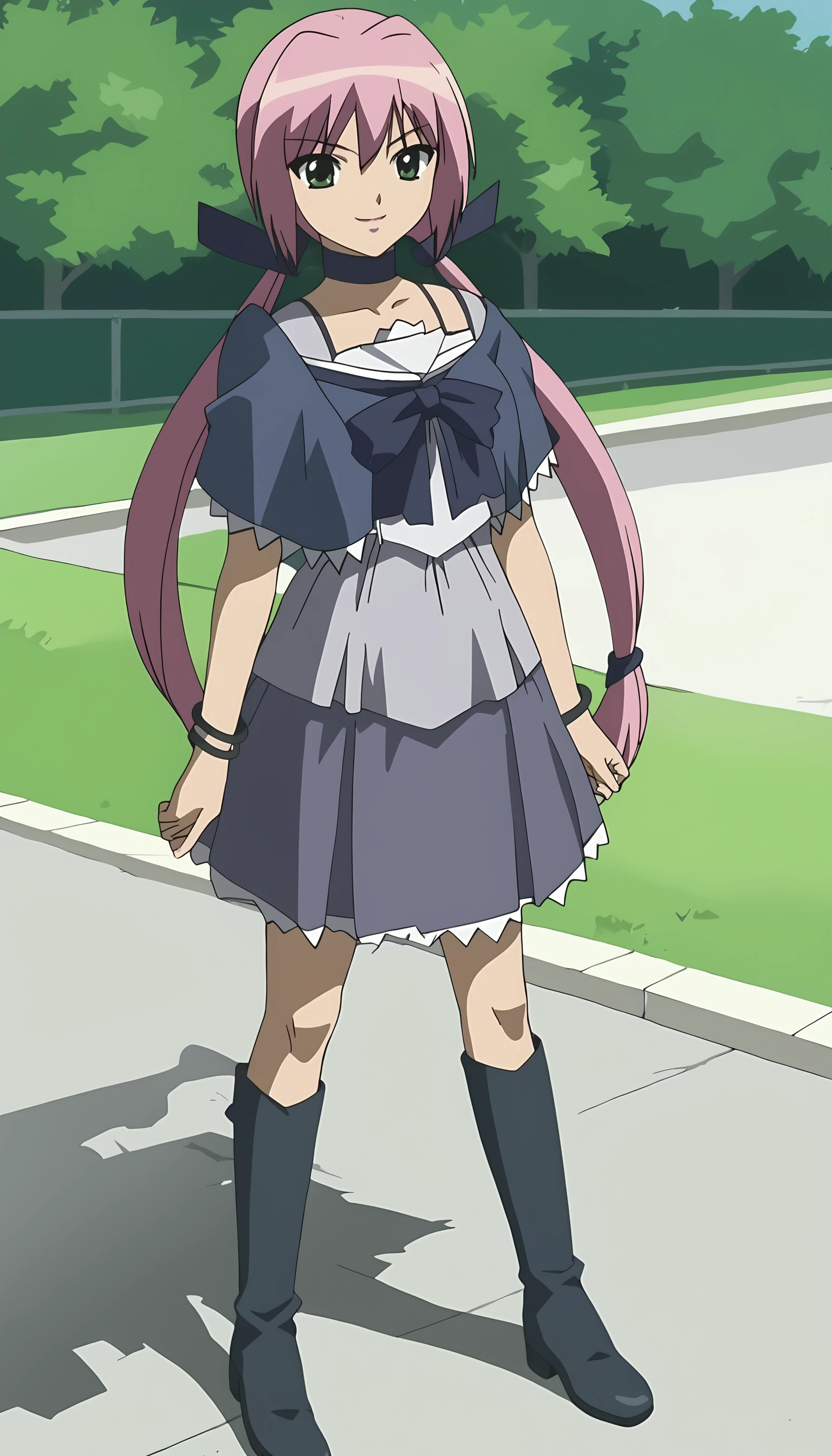 score_9, source_anime BREAK, oldest, anime screencap, outdoors, school yard, day, sunlight,<lora:MichiruMamiya-(Pony):1>MichiruMamiya, 1girl, solo, long hair, low twintails, pink hair, bangs, smile, green eyes
dress straps, dress, hair ribbon, ribbon, black ribbon, boots, black boots, choker, black choker, bow, black bow, bracelet, multiple bracelets, cape, frilled skirt, black skirt, (two hand multiple bracelets),