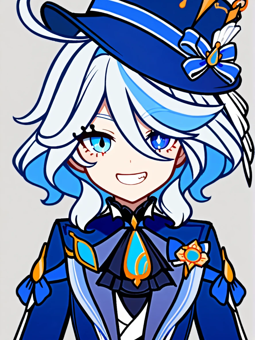 1girl,
furina \(genshin impact\),
solo, ahoge, hair intakes, streaked hair, simple background, blue jacket, blue hat, looking at viewer, grey background, smile, blue eyes, top hat, upper body, multicolored hair, grin, hat, blue hair, jacket,
safe
<lora:mki-ani31-GenshinPV-v2-000012:1>