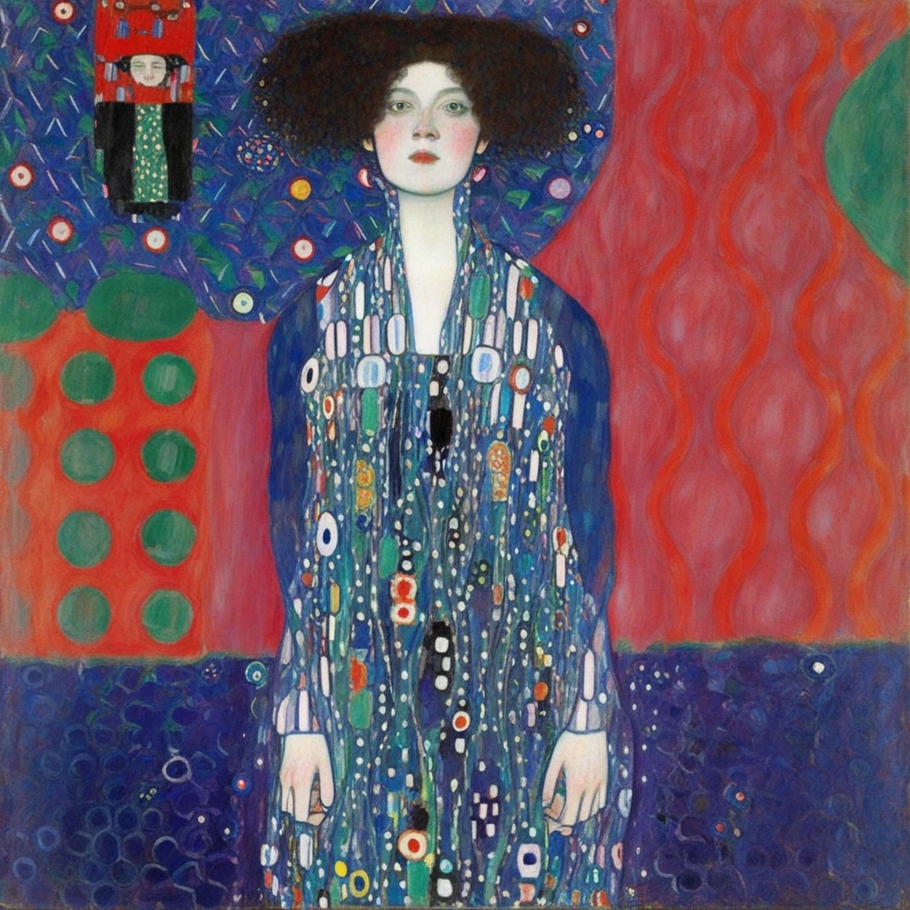 reflecting the artistic currents of the early 20th century Vienna Secession movement.​​​​​​​​​​​​​​​​, with abstracted and fragmented shapes forming the body and features. The predominant colors are shades of red, This image is a painting by the Austrian artist Gustav Klimt, The image is a colorful and vibrant portrait painting by the renowned Austrian artist Gustav Klimt, The image is a vibrant, set against a richly patterned and colorful background. The woman is wearing a long white dress with blue and green accents, expressive manner with bold colors and patterns.  The background features a colorful, with strong lines and angles defining her features. Her hair is represented as a series of geometric patterns resembling plant stalks or wrought iron.  The background consists of a deep blue color with swirling shapes that resemble leaves or branches, with a large eye and red lips prominently displayed. The hair is depicted as black