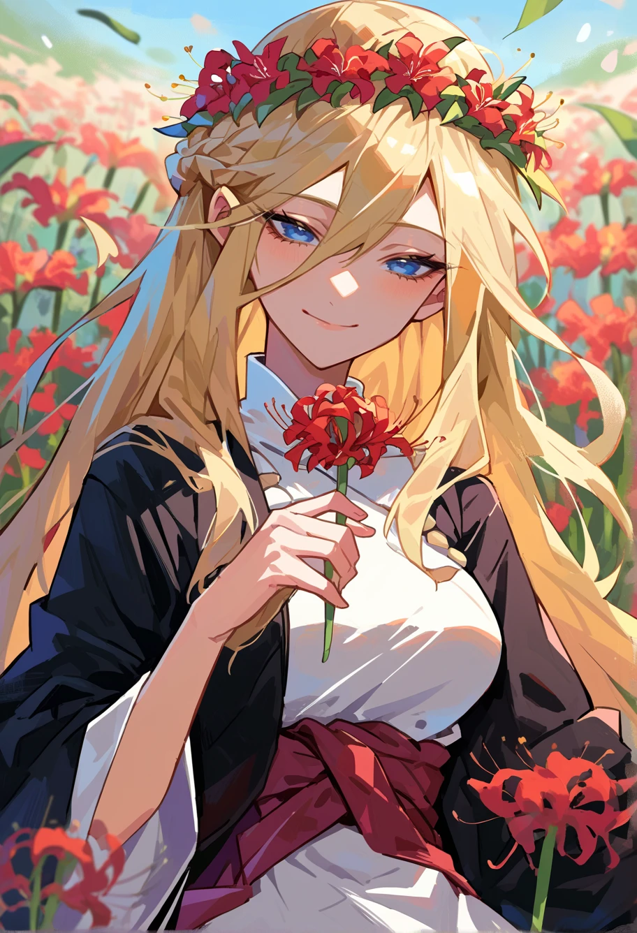 score_9, score_7_up, source_anime, BREAK  <lora:Spiderlily:1> spider lily, flower field, red flower wreath, half-closed eyes, flower bed,
black kimono, light smile, 1girl, blue eyes, very long hair, blonde hair, long blonde hair, french braid, bangs, hair between eyes, medium breasts, on back,  holding flower,