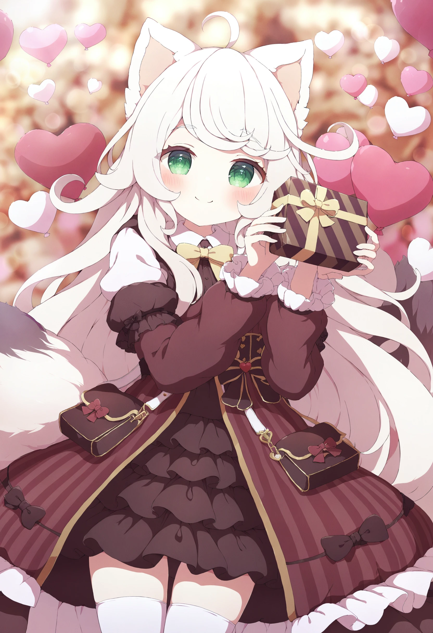 masterpiece, best quality,1girl, solo, animal ears, holding, tail, smile, gift, long hair, thighhighs, dress, white hair, box, white thighhighs, long sleeves, heart, looking at viewer, blush, bag, gift box, green eyes, bow, heart balloon, holding gift, closed mouth, frills, ahoge, balloon, puffy sleeves, frilled dress, blurry background, fox tail <lora:ã¡ãã¿ã¾ãXLlokr4f-000186:0.95>