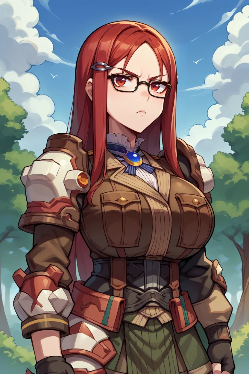 score_9, score_8_up, score_7_up, score_6_up, source_anime, BREAK 1girl, solo, <lora:vc4minerva-pdxl-nvwls-v1-000005:1> vc4minerva, red hair, red eyes, hairclip, glasses, jacket, uniform, shoulder pads, armor, fingerless gloves, green miniskirt, black thighhighs, knee pads, looking at you, large breasts, forest, serious, blue sky, upper body