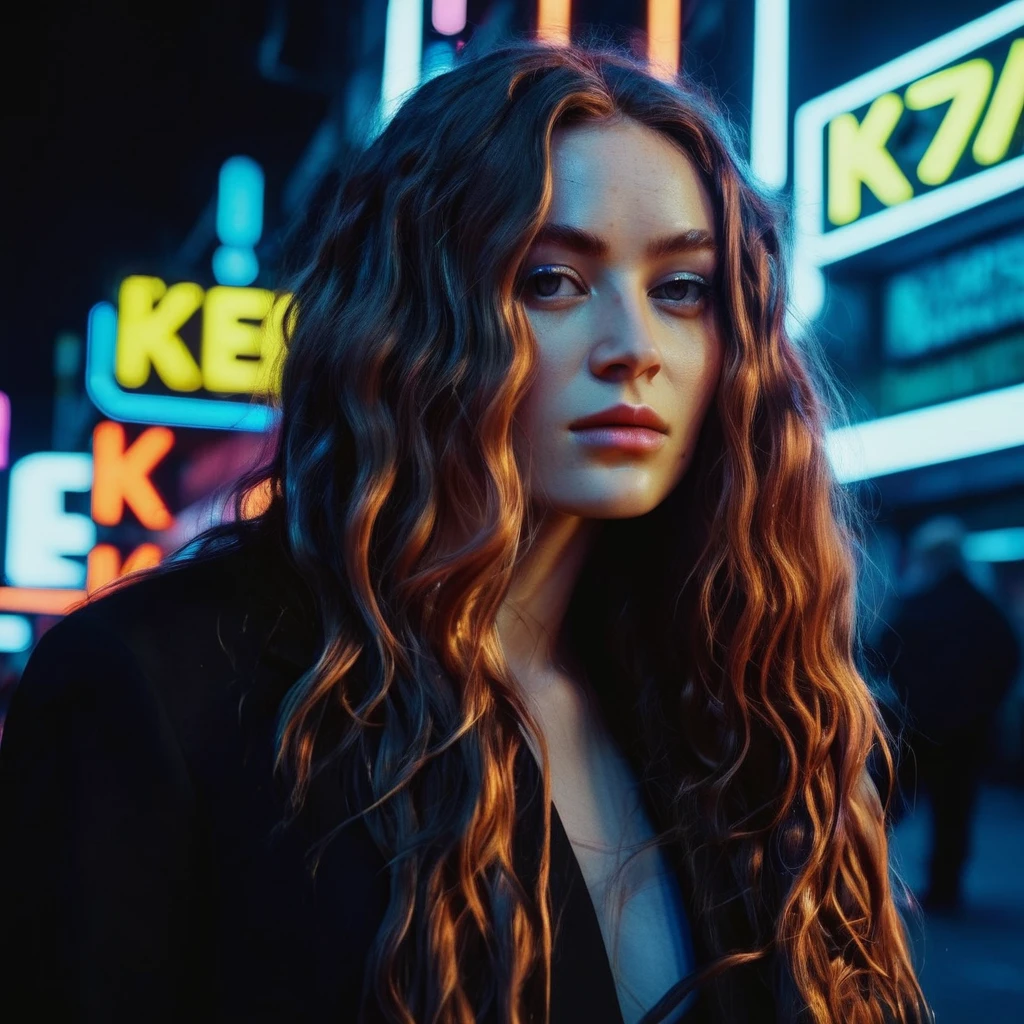 Photo of a woman with long wavy hair,portrait,kodachrome, neon,cyberpunk, saxsnk,  <lora:sasink_juggerX_xl_2_st-saxsnk-000088:1>