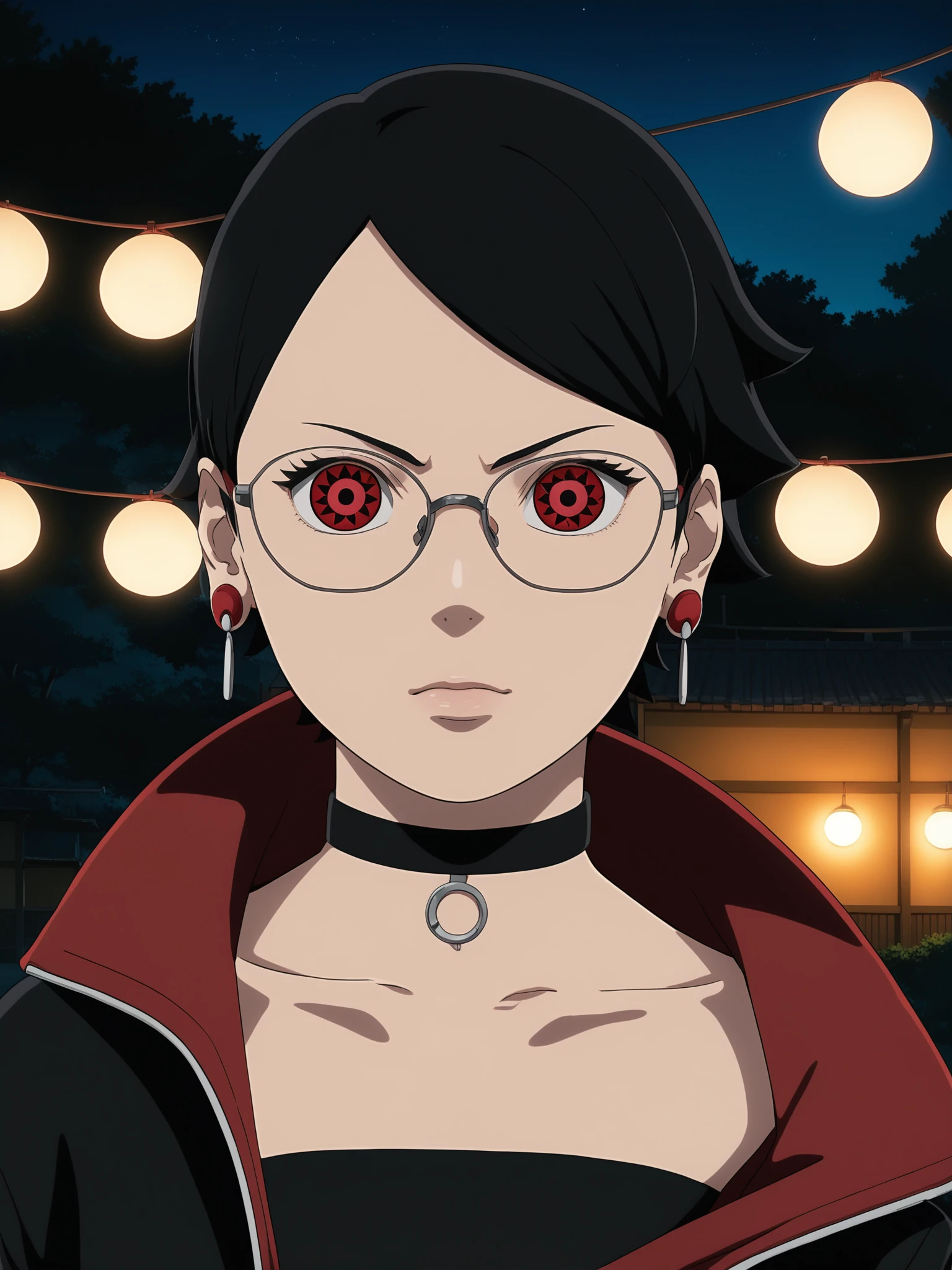 sarada uchiha, woman, symbol-shaped pupils, mangekyo eyes, red eyes, glasses, earrings, o-ring choker, black jacket, standing, eye focus, close-up, upper body, documentary shot, dim lighting, intimate lighting, outdoors, park in background, simple background, bokeh effect, realistic shadows, volumetric lighting, colorful, vibrant, in style of Masashi Kishimoto (anime coloring, anime screencap, Naruto anime style), <lora:add-detail-xl:1>, <lora:sarada_uchiha_sdxl_v1:1>,