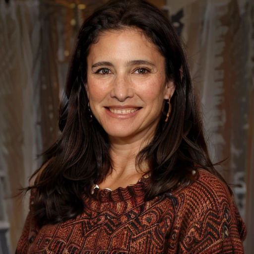 a Realistic portrait of a mimi rogers woman with brown eyes and long brown Hair style, looking at the viewer, detailed face, detailed eyes, (smiling showing teeth:1.1), perfect slim body, modelshoot style, hand on own shoulder, wearing a red sweater with long sleeves, wearing gold earrings and jewelry, soft lighting, professional Photography, Photorealistic, detailed, standing in a dark Studio Room background, blurred background, RAW, analog, sharp focus, 8k, HD, DSLR, high quality, Fujifilm XT3, film grain, award winning, masterpiece
 <lora:mimi rogers v1.0:1>