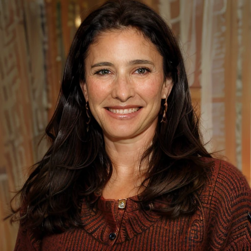 a Realistic portrait of a mimi rogers woman with brown eyes and long brown Hair style, looking at the viewer, detailed face, detailed eyes, (smiling showing teeth:1.1), perfect slim body, modelshoot style, hand on own shoulder, wearing a red sweater with long sleeves, wearing gold earrings and jewelry, soft lighting, professional Photography, Photorealistic, detailed, standing in a dark Studio Room background, blurred background, RAW, analog, sharp focus, 8k, HD, DSLR, high quality, Fujifilm XT3, film grain, award winning, masterpiece
 <lora:mimi rogers v1.0:1>