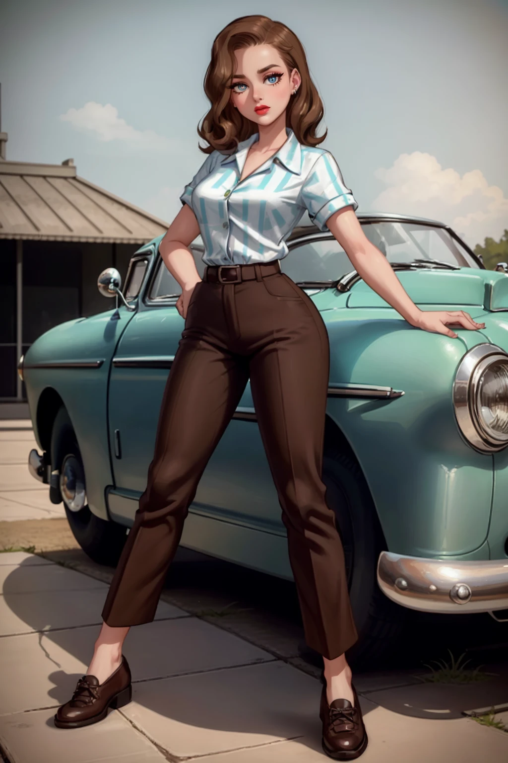 1950s fashion, 1950shighwaistpants, professional drawing of  37yo female, ((Brown)) pants, clothing details, shoes, (posing), (brown) hair, 4k, 8k, high quality, perfect lighting, detailed face and detailed eyes, skin detail,  solo focus, cartoon, (1950s (patio)),  clean smooth skin, looking at camera, detailed eyes, pretty face, full body posing, (Brie Larson,Sophia Bush,Deborah Ann Woll as 37yo female:0.8), 1950s, ((portrait))  <lora:1950shighwaistpants:0.5>