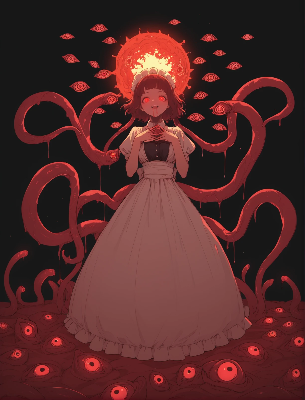 score_9, score_8_up, score_7_up, source_anime BREAK (1girl),shizoeyes,glowing, red eyes, maid dress, liquid , ((extra eyes)), , nerd,dynamic, guro, meat girl, black background, thic outline, starry sky, stars, glitters, meat, tentacles, cel shading, red theme, neon, astract, <lora:eyes:0.95>