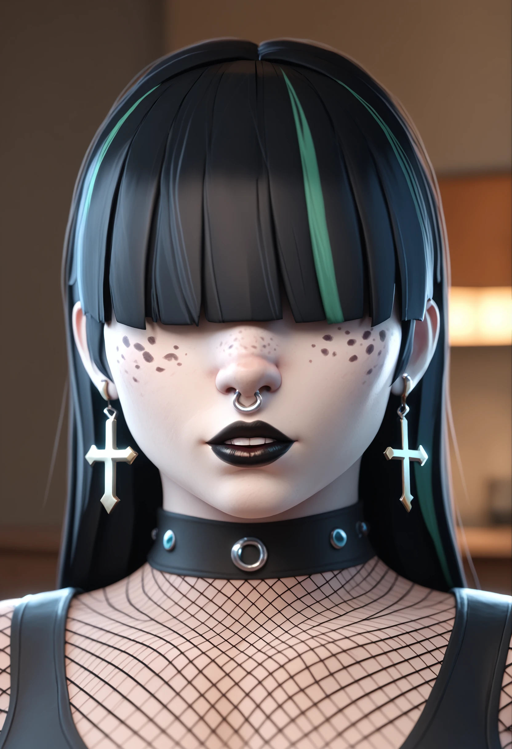 score_9, score_8_up, score_7_up, <lora:elisehtp-guy-PON-LyCORIS-Yv1:1> elisehtp, 1girl, solo, pale skin, hair over eyes, blunt bangs, multicolored hair, streaked hair, freckles, white skin, black lips, black choker, nose ring, cross earrings, 3d, fishnets, parted lips, depth of field, portrait,