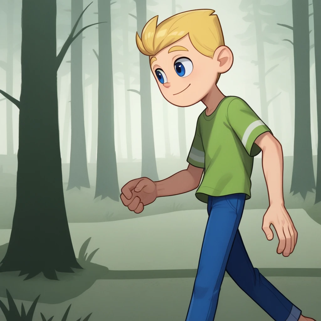 score_7_up, BREAK, Jimmy, 1boy, solo, blonde hair, blue eyes, light smile, green t-shirt, short sleeves, blue pants,   <lora:Jimmy_JTS_PXL_Leaf1:0.8>, walking, forest,