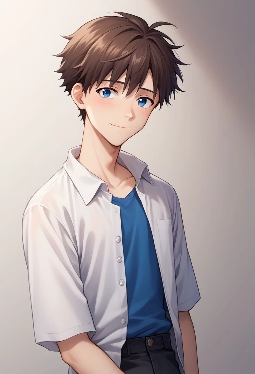 score_9, score_8_up, source_anime, highly detailed, 1boy, solo, male_focus, skinny,
shinji, 1boy, male focus, solo, blue eyes, brown hair, shirt, white shirt, collared shirt, open shirt, blue t-shirt, black pants, smile, shy,
indoor, upper body,