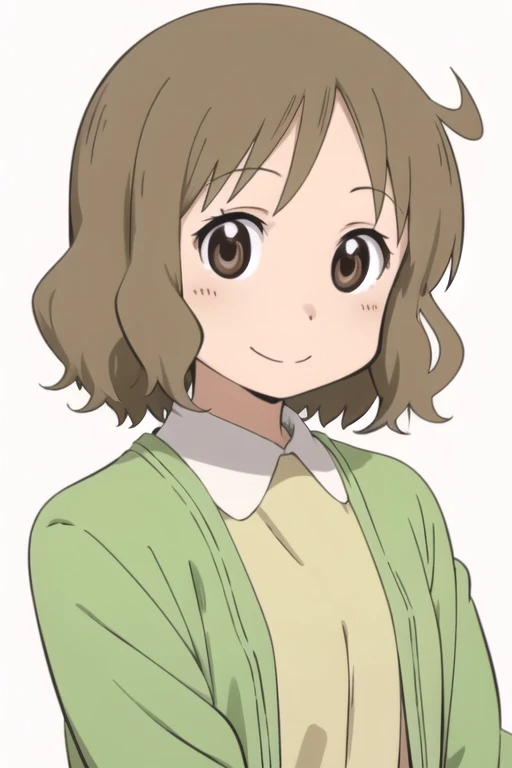 solo, 1girl, looking at viewer, 2D, anime, official style, anime coloring, upper body, (simple background, solid white background:1.3), <lora:izumi-nichijou:0.8>, izumi sakurai, green cardigan, smile