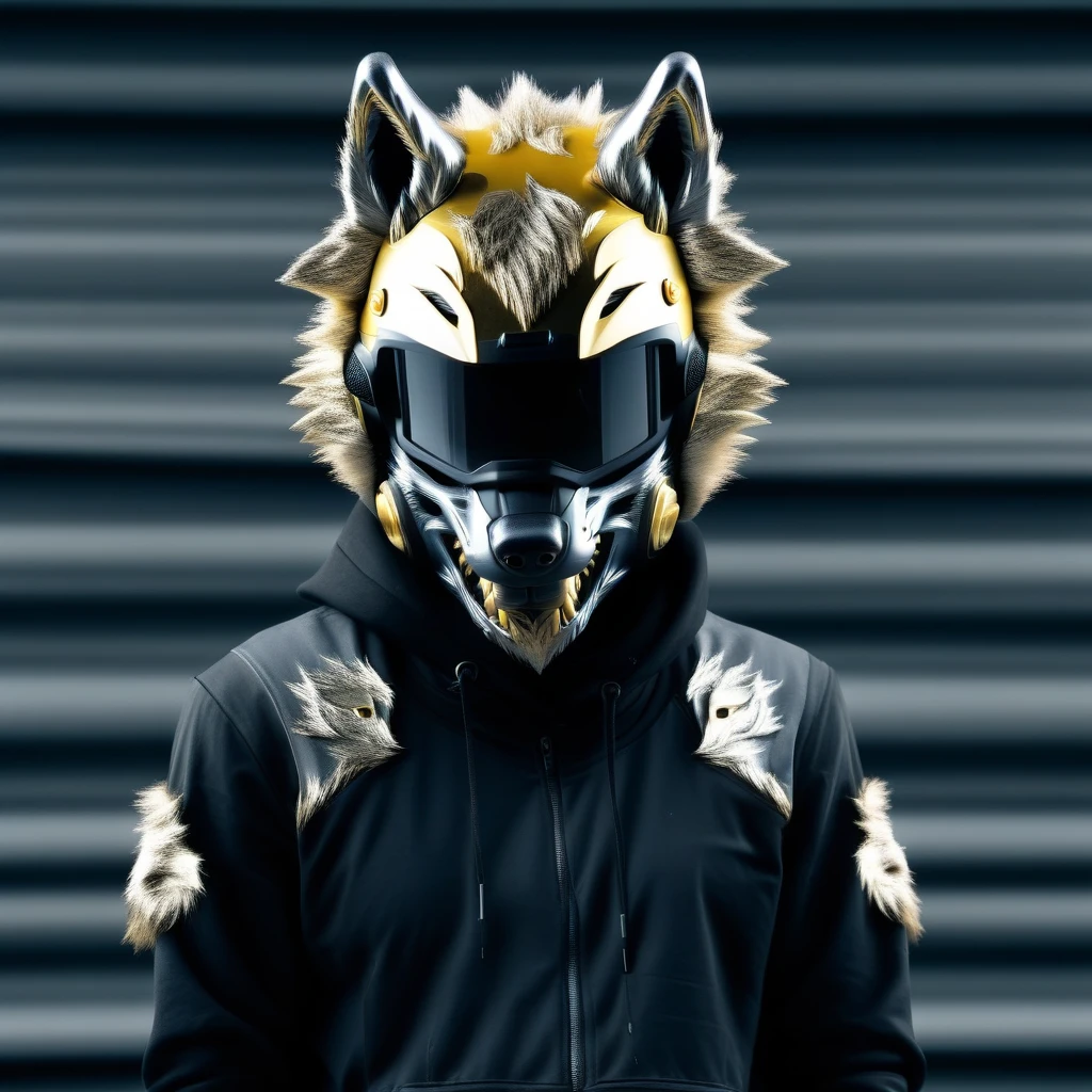 metallic silver wolf helmet with eye visor, streetwear, Golden wolf helmet with eye visor, Black and golden cyberpunk helmet with the face of a wolf