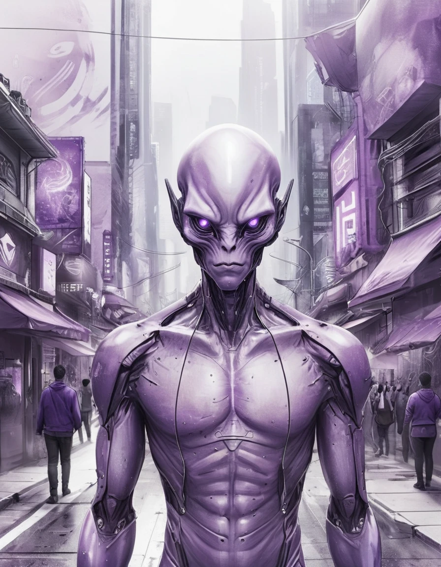 Purple Theme, masculine alien, upper body, futuristic city, cyberpunk street