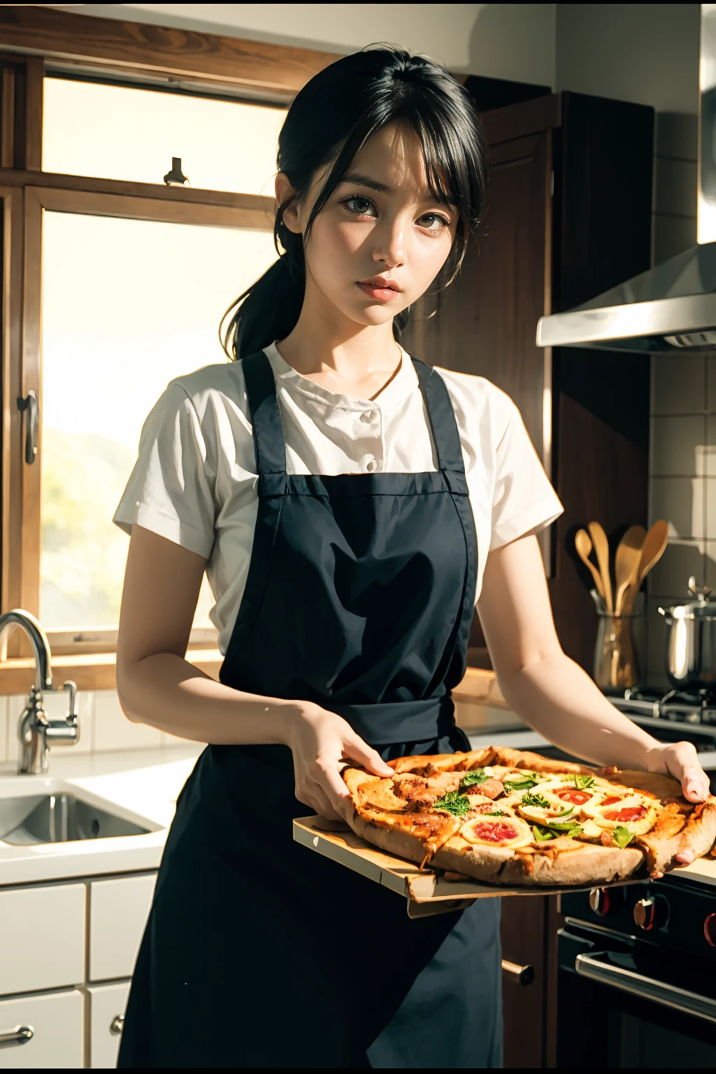 ((Make me delicious food,pizza)),
A cinematic film still of kitchen,
1girl,
