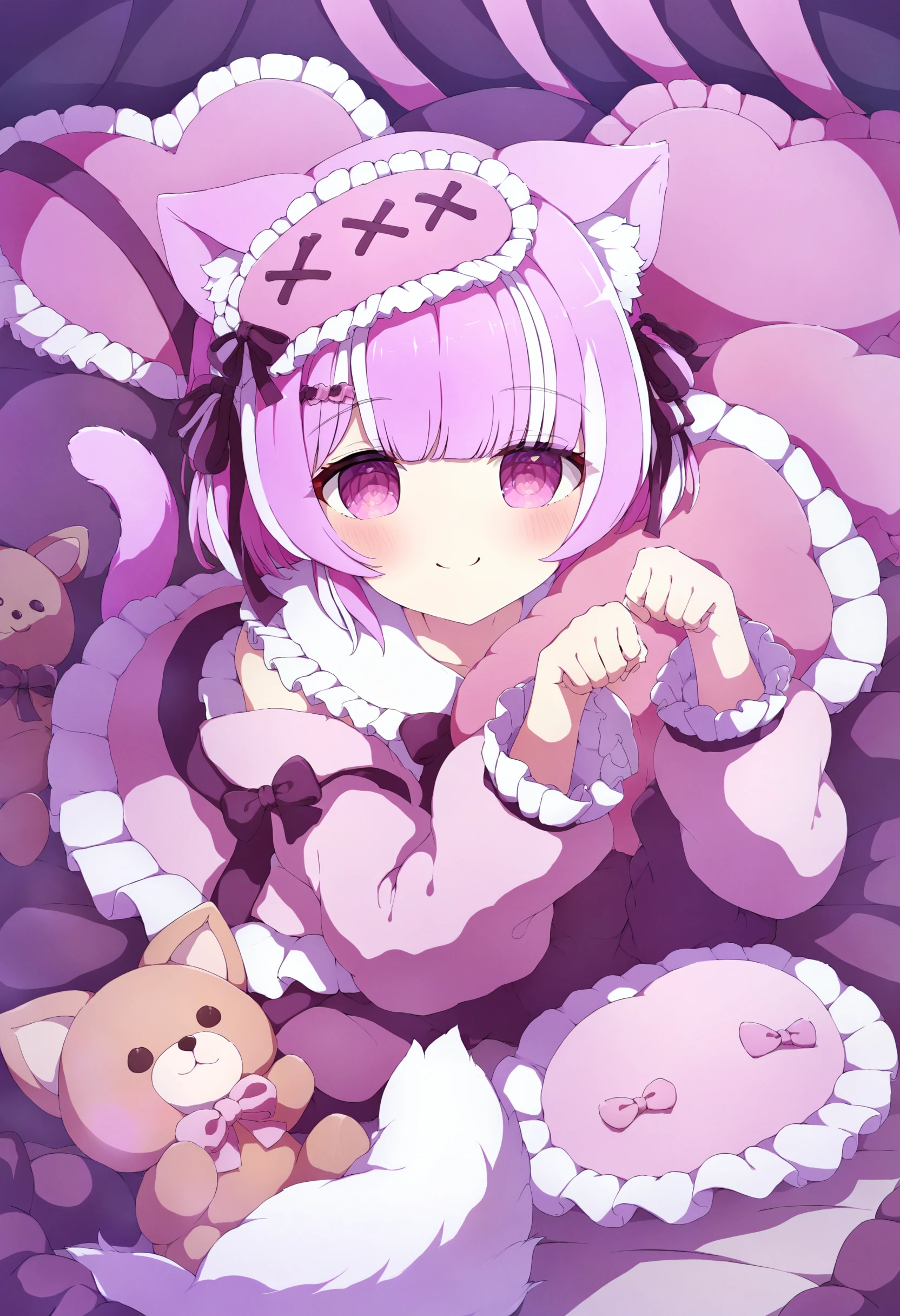 masterpiece, best quality,1girl, heart-shaped pillow, pillow, stuffed toy, animal ears, stuffed animal, tail, sleep mask, heart, cat ears, virtual youtuber, pink hair, solo, cat girl, cat tail, smile, multicolored hair, lying, streaked hair, frills, ribbon, on stomach, frilled pillow, teddy bear, pink eyes, blush, looking at viewer, short hair, jacket, animal ear fluff, white hair, long sleeves, closed mouth, paw pose, mask <lora:ã¡ãã¿ã¾ãXLlokr4f-000186:0.95>