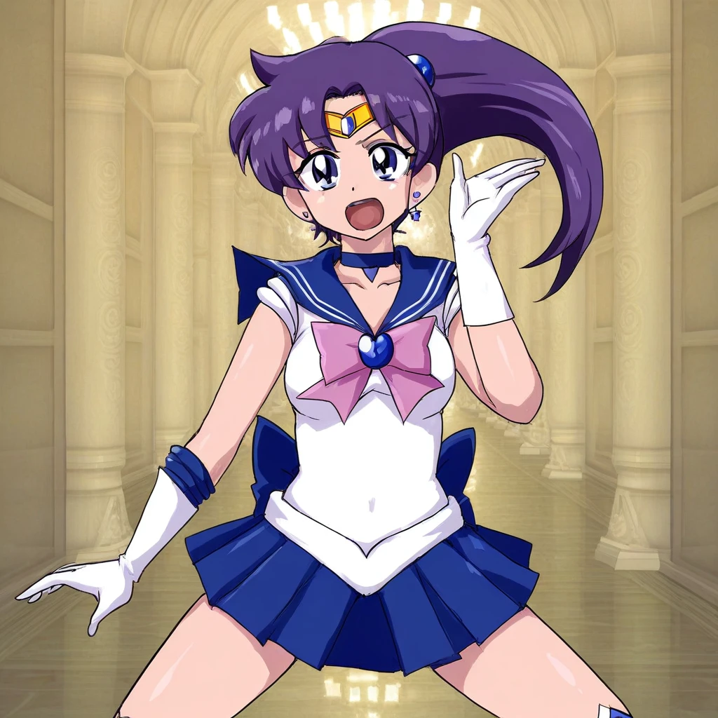 masterpiece, best quality, absurdres, perfect antomy, 1girl, solo, SMMoon, 1990s \(style\), sailor chibi moon pink hair, pink pupils eyes, climbing the stairs up, close-up, smile, cowboy shot, sailor senshi uniform pink, pink sailor collar, Pink pleated skirt, elbow gloves, in back pose, show her booty, backwards, no thong on  big booty, full body, aausagi,  close-up booty