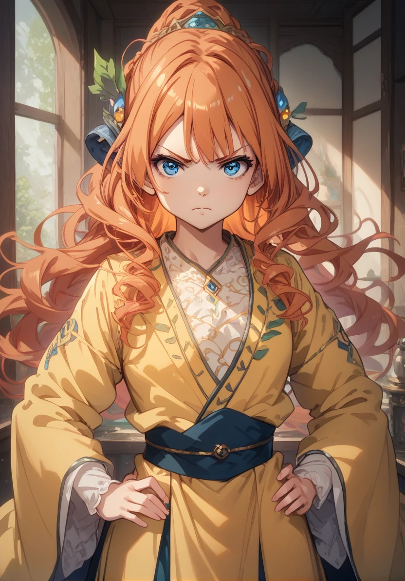 score_9, score_8_up, score_7_up, masterpiece, best quality, 1girl,  solo,  ginger hair, long hair, hair ornament, blue eyes, big chest,  looking at viewer, leant forward, closed mouth, hands on hips, angry,  puffy cheeks <lora:KitsuneHanfuV1:1>, KitsuneHanfu, yellow clothes