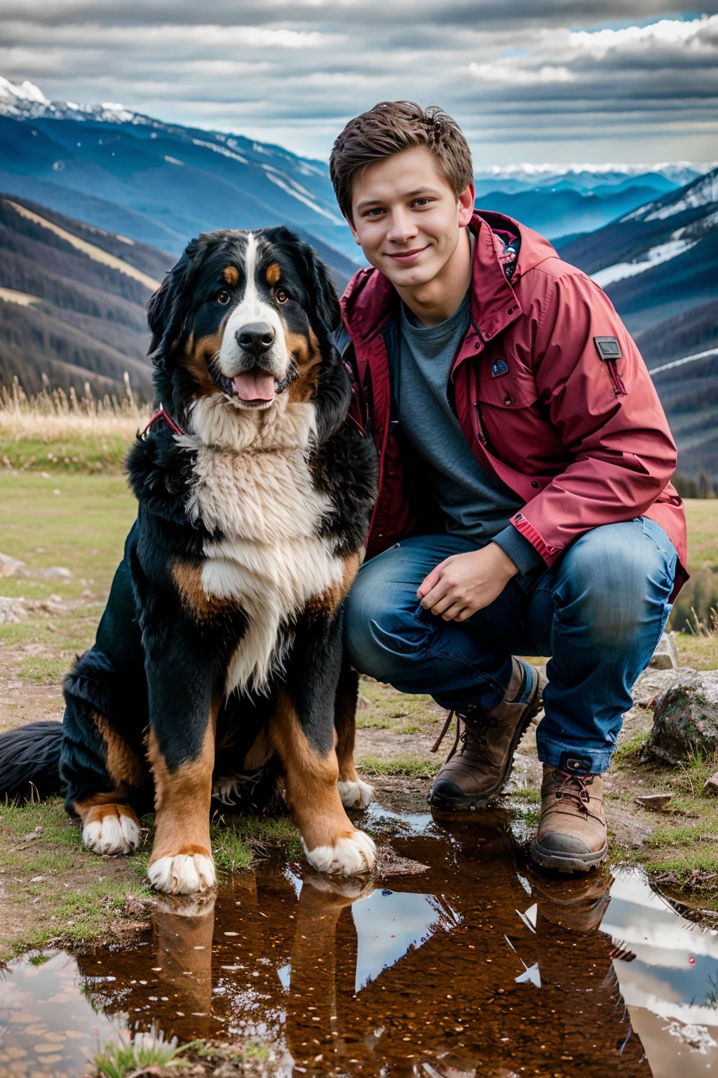 dog and man, wide angle
ADDBASE alpine meadow, grass and flowers, mountains in the background
ADDCOMM bernese dog, sitting  <lora:Bernese-Mountain-Dog_LoRA:1> 
ADDCOL standing, smiling, KasparDixon wearing red waterproof jacket, blue jeans, hiking boots <lora:KasparDixon:0.8>