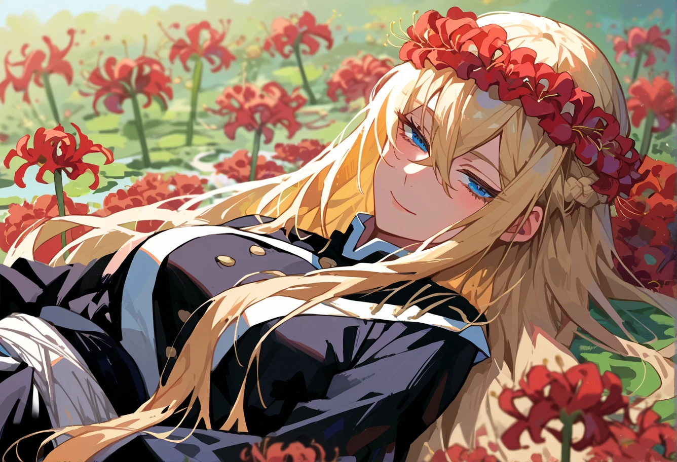 score_9, score_7_up, source_anime, BREAK  <lora:Spiderlily:1> spider lily, flower field, red flower wreath, half-closed eyes, flower bed,
black kimono, light smile, 1girl, blue eyes, very long hair, blonde hair, long blonde hair, french braid, bangs, hair between eyes, medium breasts, on back,