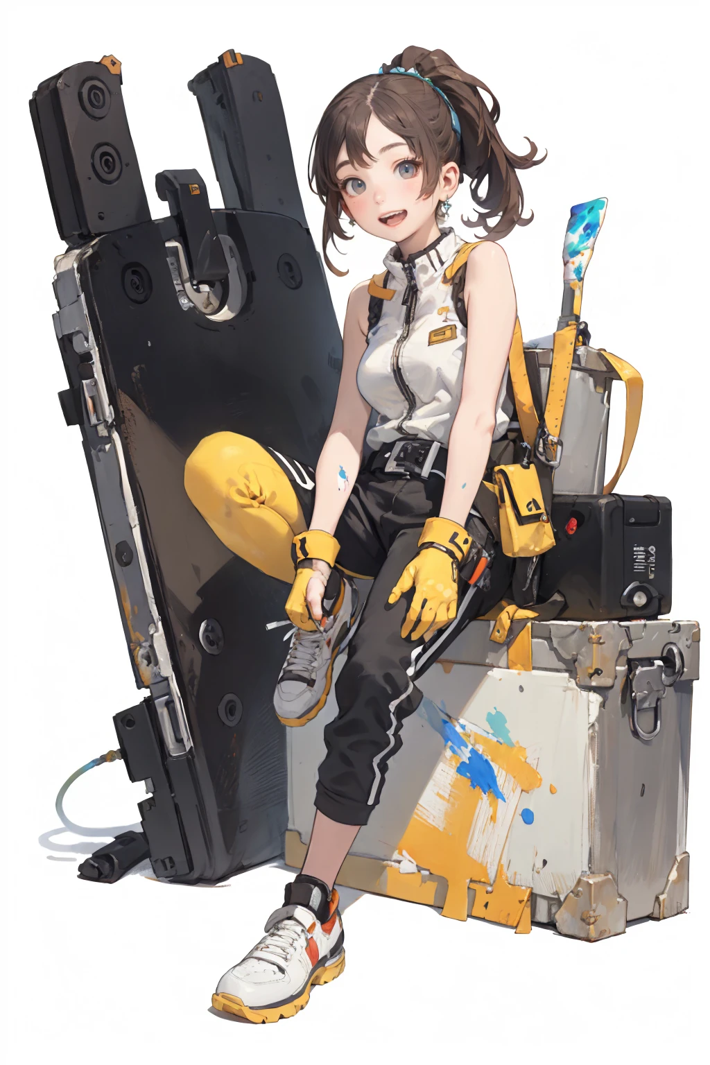 (masterpiece,best quality),1girl,solo,petite,(Hyper realistic painting:1.5),absurdres,[(white background:1.8)::5],simple background,full body,
BREAK
cyberpunk,science fiction,mecha musume,gloves,open mouth,zipper,smile,sitting,zipper pull tab,wrench,brown eyes,shoes,earrings,long hair,jewelry,ponytail,sleeveless,looking at viewer,:d,breasts,teeth,shirt,upper teeth only,bare shoulders,black hair,brown hair,hat,pants,bangs,id card,(knee pads:1.2),shoes,fake animal ears,interphone,barcode,belt,belt pouch,
BREAK
<lora:tachi-e>,tachi-e,<lora:Range_murata_style_v02:0.8>,<lora:SR_techwear_v1.0:0.5>,jn,<lora:çå¿»_æåç²ç_v1.0:0.5>,popmart,<lora:add_detail:-1>,