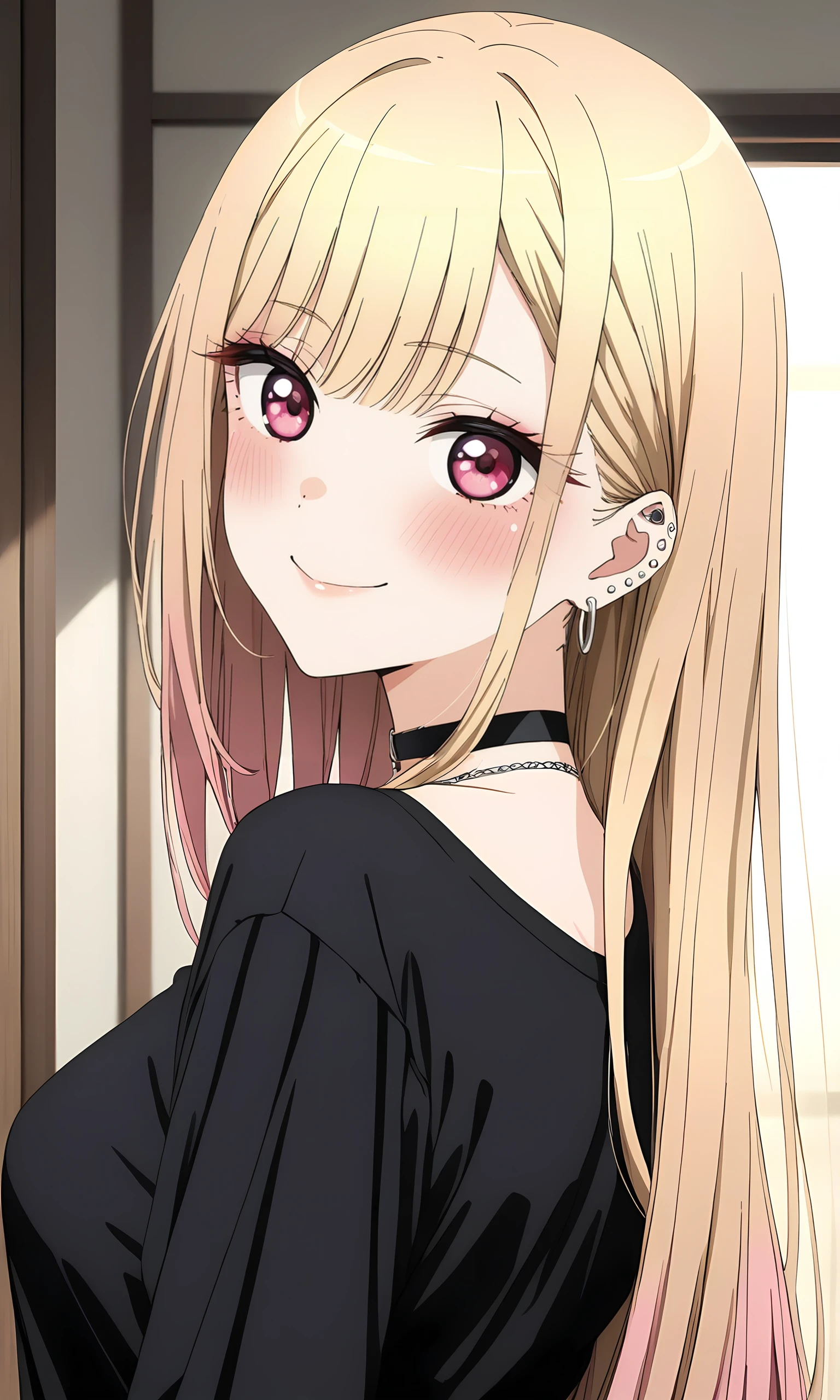(masterpiece, best quality, very aesthetic, ultra detailed, many details), Kitakitagawa marin, 1girl, solo, smile, piercing, ear piercing, long hair, looking at viewer, earrings, jewelry, blush, blonde hair, barbell piercing, bangs, red eyes, closed mouth, black shirt, shirt, choker, upper body, from side, pink eyes, indoors, <lora:Sono Bisque Doll wa Koi wo Suru - Marin Kitagawa XL R0.1:0.8>