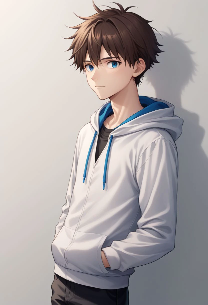 score_9, score_8_up, source_anime, highly detailed, 1boy, solo, male_focus, skinny,
shinji, 1boy, male focus, solo, blue eyes, brown hair, hoodie, hood, hood up, black pants, 
indoor,