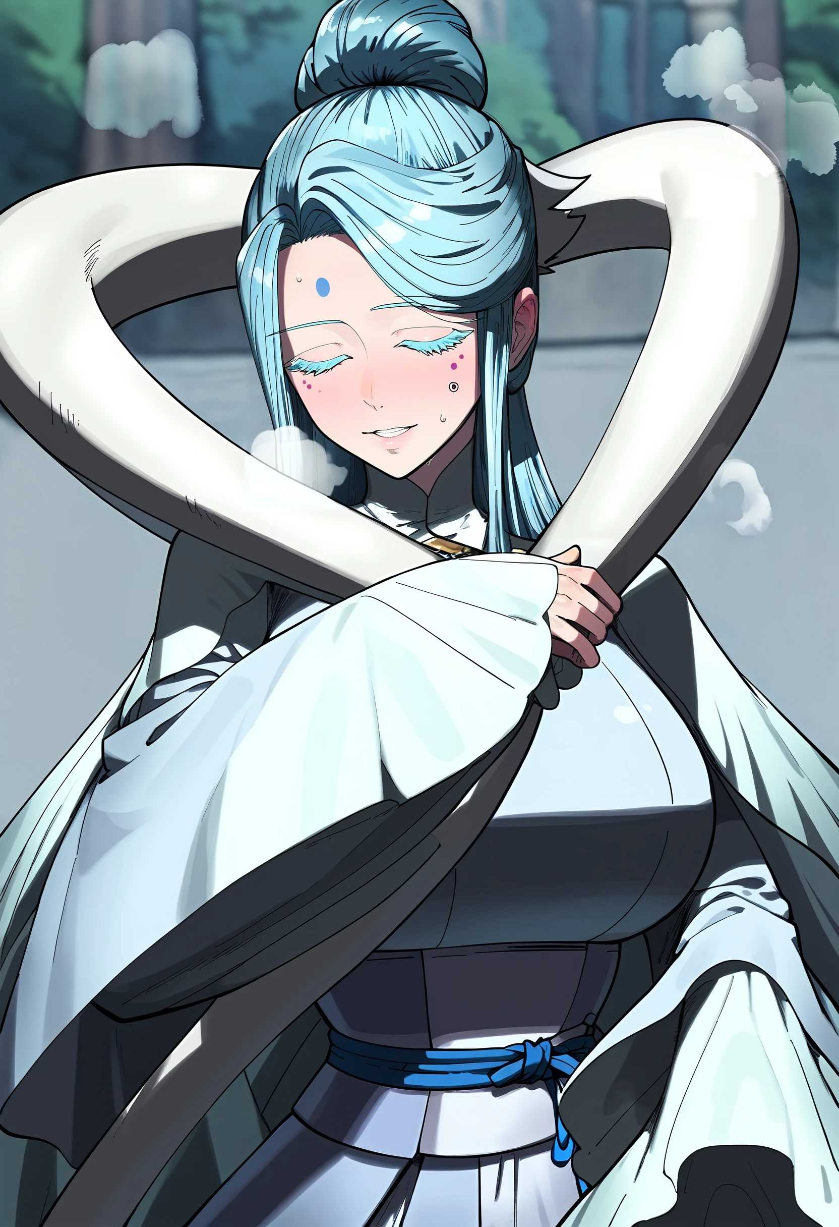 score_9, score_8_up, score_7_up, score_6_up, source_anime, rating_explicit, <lora:neg4all_bdsqlsz_V3.5:2.0>1girl, (solo:1.2), huge breasts, <lora:naeng-agbiponyxl:1> long hair, blue eyes, single hair bun, grey hair, colored eyelashes, sidelocks, blue hair, facial mark, smile, half-closed eyes, long sleeves, wide sleeves, sash, white dress, white cape, Narrow shoulders, heavy breathing, sweat, steaming body, forest, outdoor, looking at viewer, pov, (closed eyes:1.3), parted lips, (close-up:1.4), (pov:1.2), (hug:1.1), spread arms