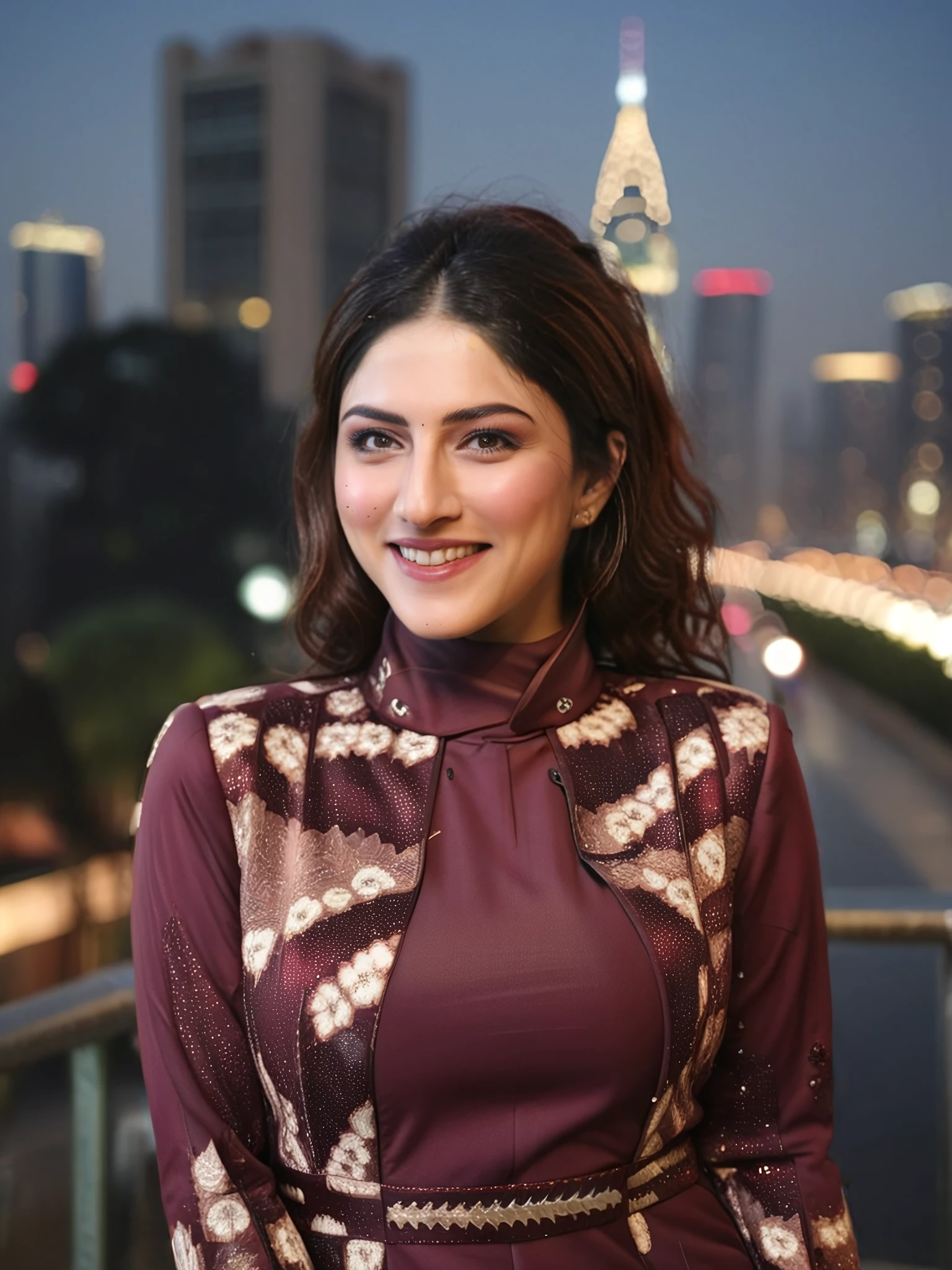 photo of a 30-year-old Sapna Pabbi woman,  Maroon colored high neck Abaya Style Suit, dynamic pose, smiling, Looking at the camera, , soft lighting, night time, city lights in bokeh   <lora:Sapna_Pabbi_SDXL_LoRA_adafactor:1>