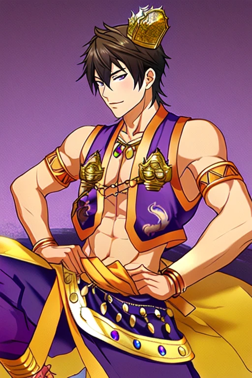 (masterpiece),(best_quality),1boy,Kokuuzou,arabian clothes,mini crown,bracelet,purple vest,gold trim,bare pectorals,bare shoulders,gold belt,harem pants,<lora:Kokuuzou:1>,