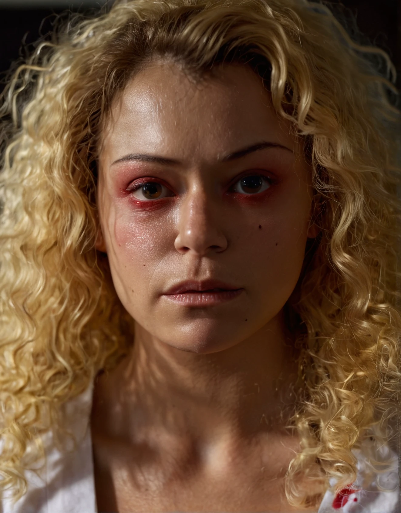 high resolution raw dslr close-up photo of tatms,a woman,long blonde curly hair,red countour eyes,hospital dress,front view,looking at viewer,dark,dimly lit,illuminated from behind,realistic skin texture,pores,sunny,sweaty skin,cinematic,depth of field,masterpiece,volumetric lighting,cinematic,surreal dramatic shadow,rim lighting