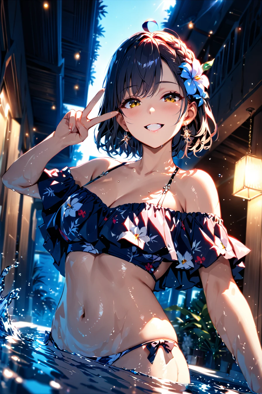 masterpiece best quality 1girl (masterpiece:1.2),best quality,PIXIV,who,
swimsuit,bikini full body
night sky standing from below star
bangs,looking at viewer,flower,short hair,outdoors,parted bangs,open mouth,hair ornament,medium breasts,navel,hair flower,ahoge,drinking glass,jewelry,v,
partially submerged,pool,water
collarbone,drinking straw,off shoulder,grin,floral print,wavy hair,earrings,braid,eyelashes,(masterpiece,detailed,highres:1.1)(Depth of field hdr 8k 4k wallpaper cinematic angle, cinematic lighting,:1.1) (masterpiece, best quality:1.55), (Depth of field hdr 8k 4k wallpaper cinematic angle, cinematic lighting,:1.5) (masterpiece, best quality:2.0)