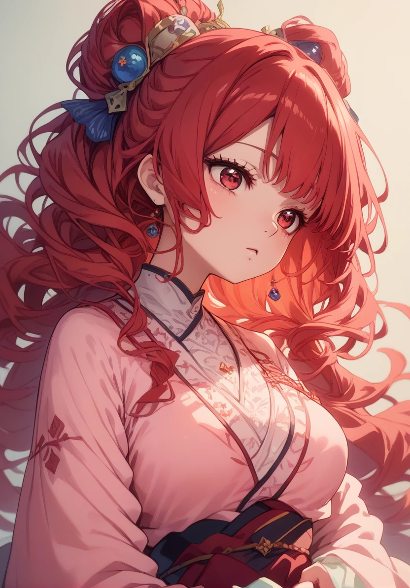 score_9, score_8_up, score_7_up, masterpiece, best quality, 1girl,  solo,  red hair, long hair, hair ornament, red eyes, upper body, air kiss, big chest, <lora:KitsuneHanfuV1:1>, KitsuneHanfu, pink clothes